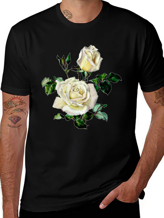 Elegant White Rose Graphic Black T-Shirt