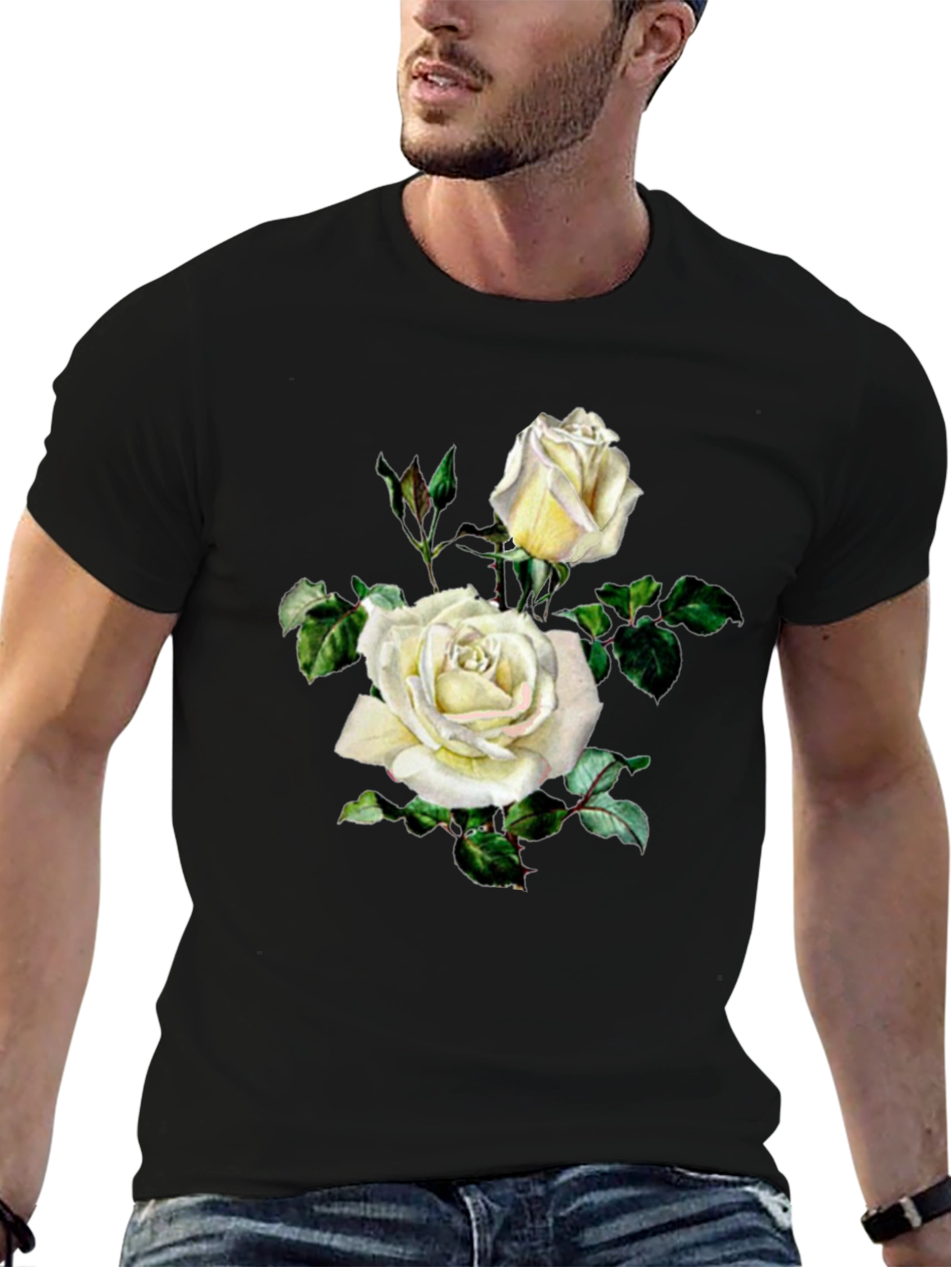 Elegant White Rose Graphic Black T-Shirt