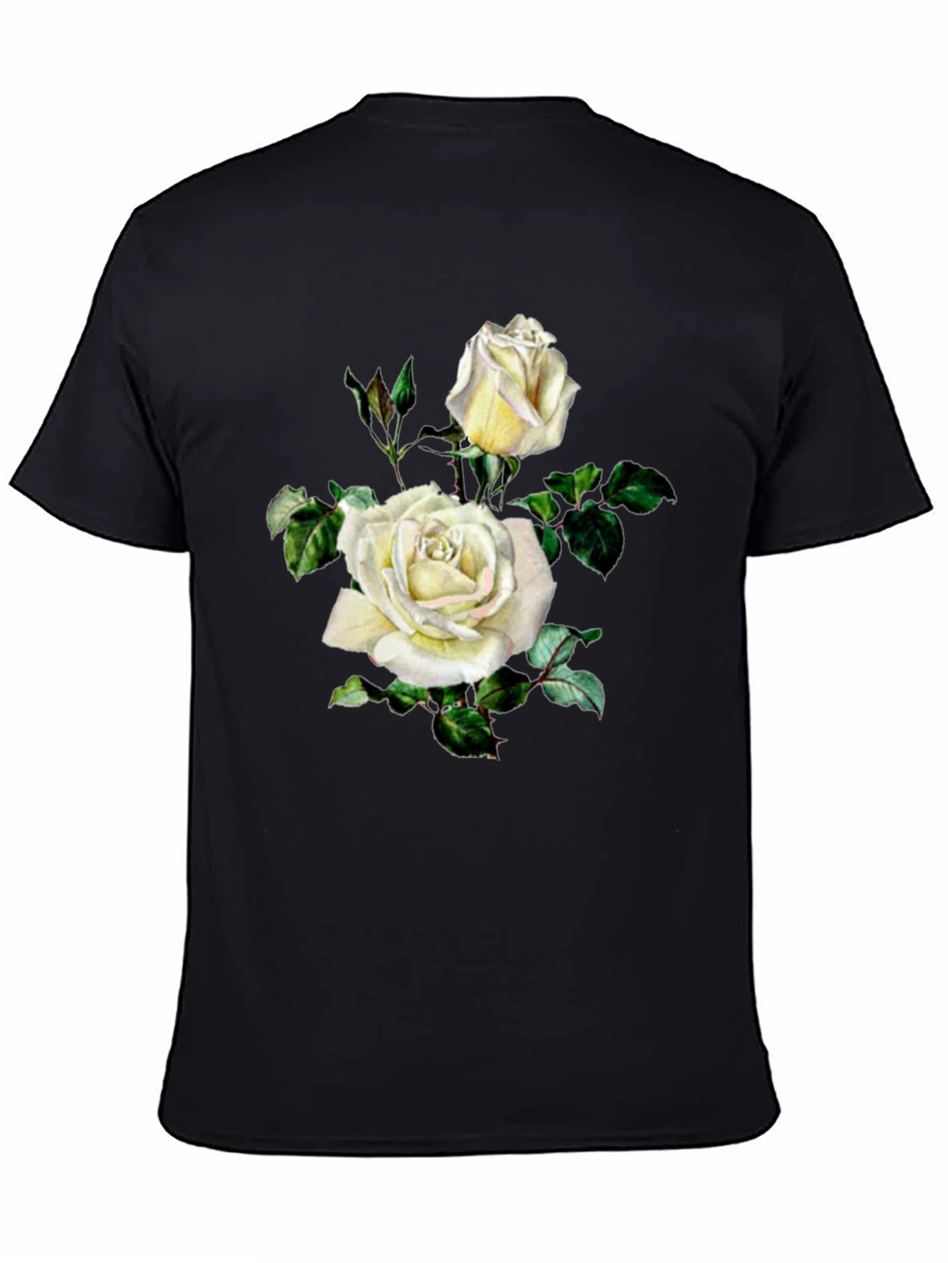 Elegant White Rose Graphic Black T-Shirt