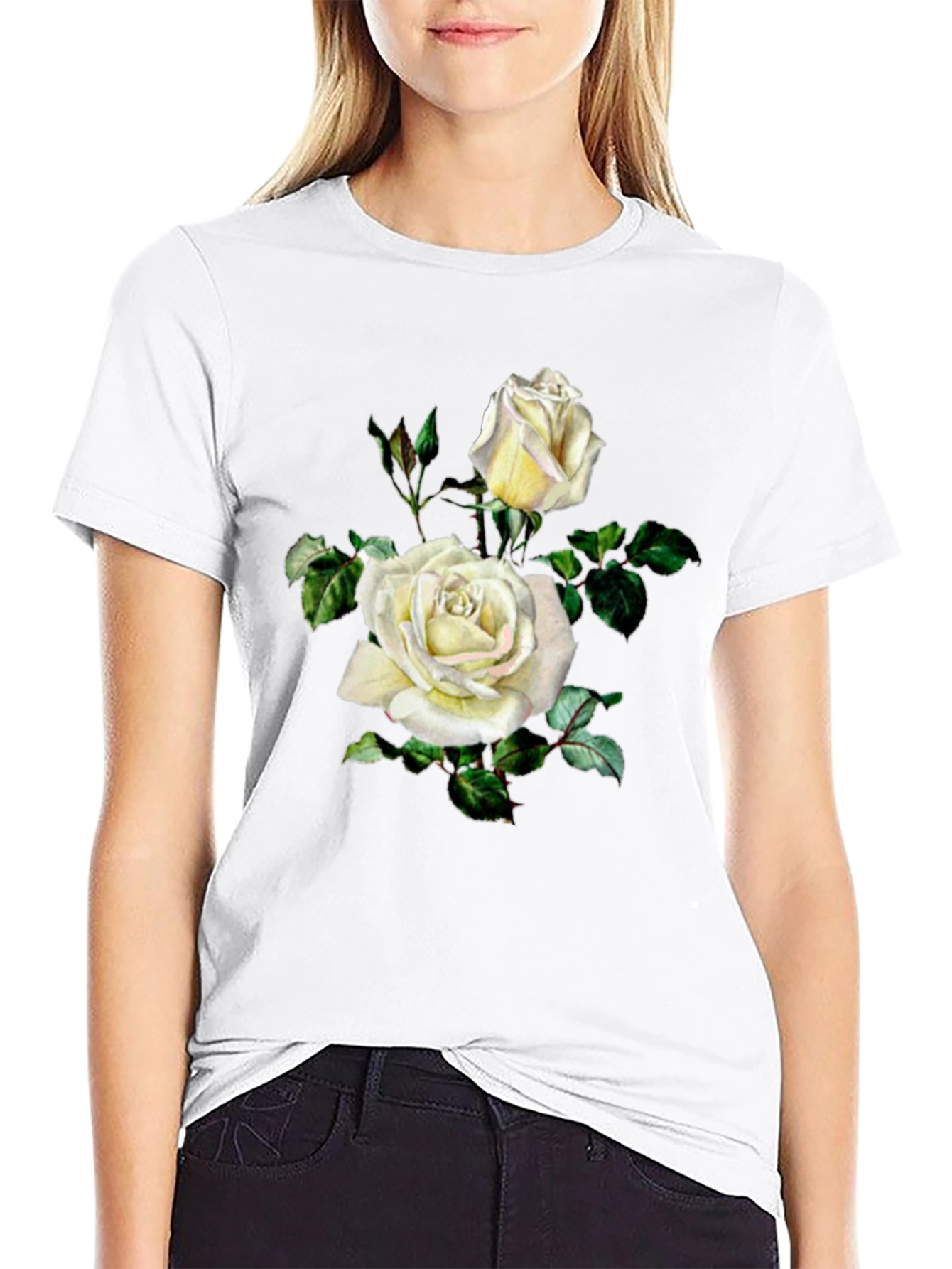 Elegant White Rose Graphic Black T-Shirt