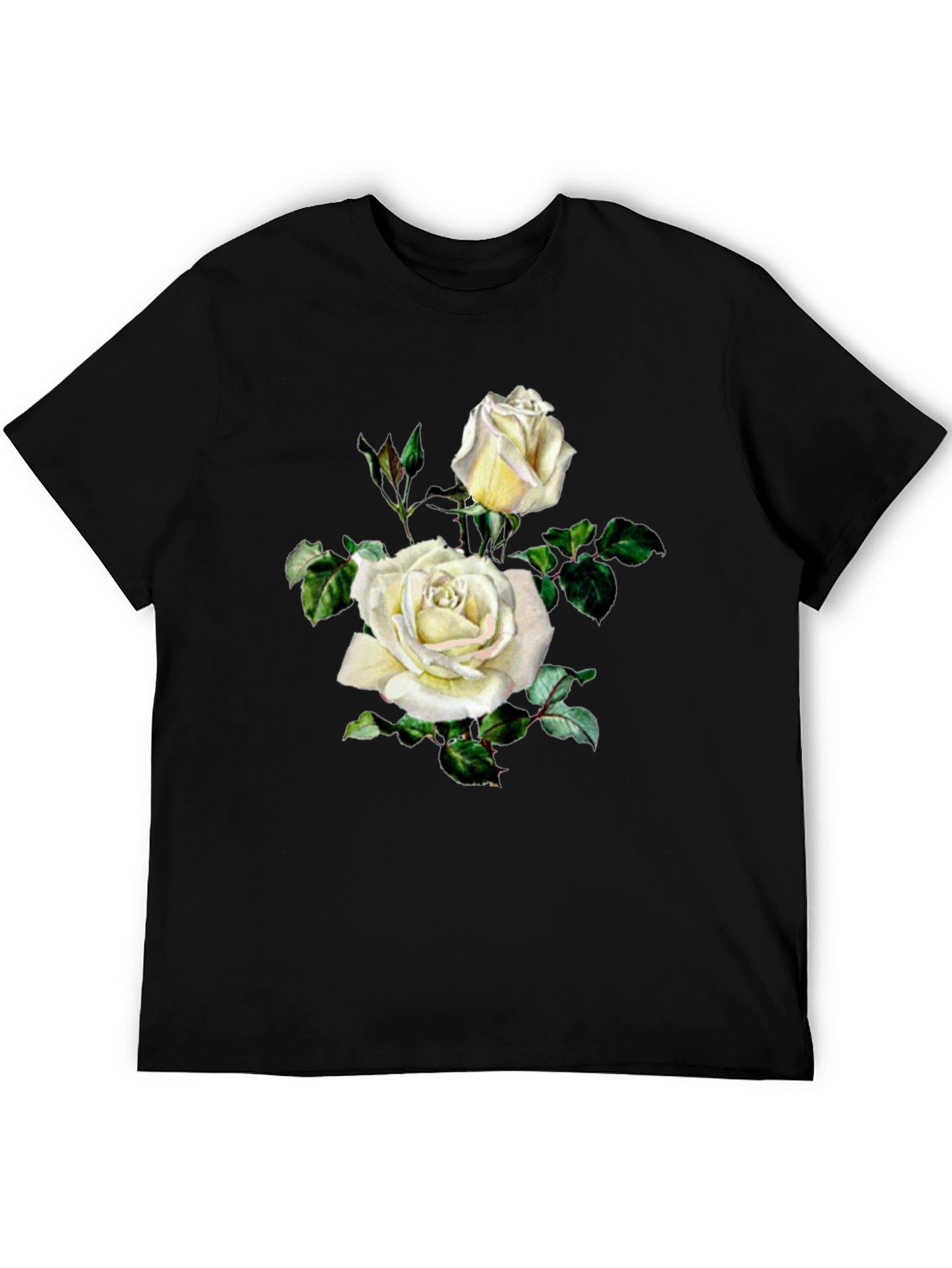 Elegant White Rose Graphic Black T-Shirt
