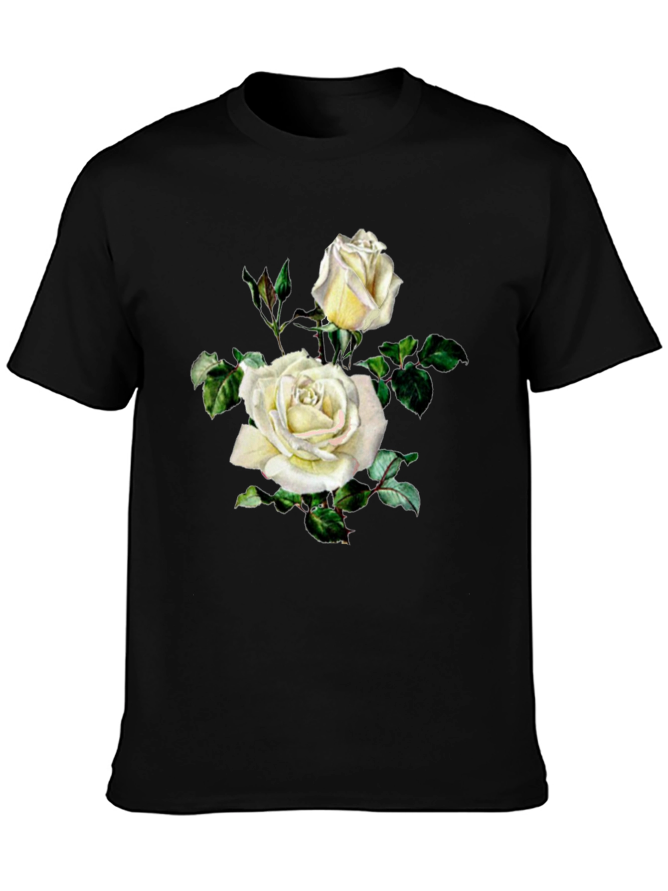Elegant White Rose Graphic Black T-Shirt