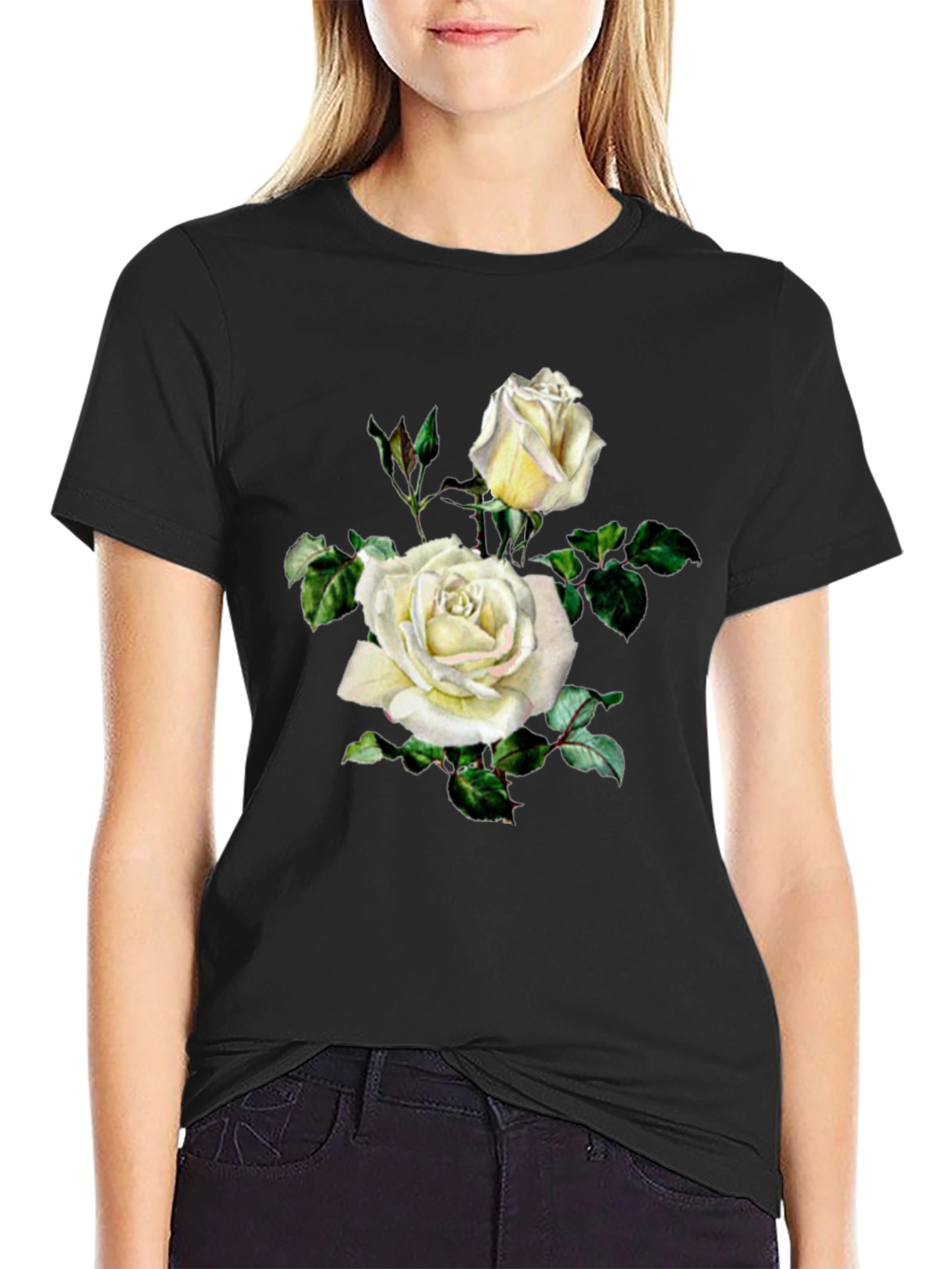 Elegant White Rose Graphic Black T-Shirt