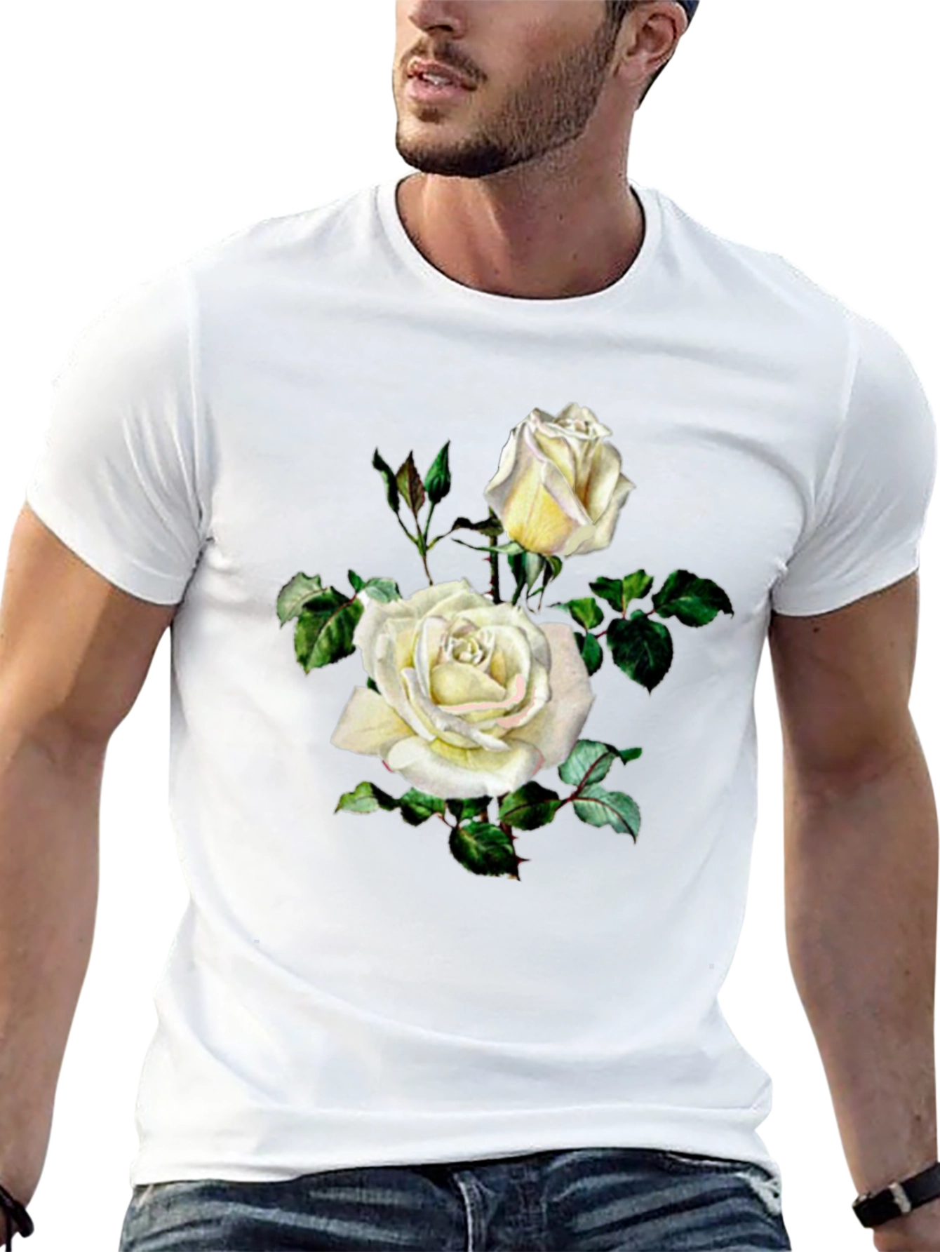 Elegant White Rose Graphic Black T-Shirt