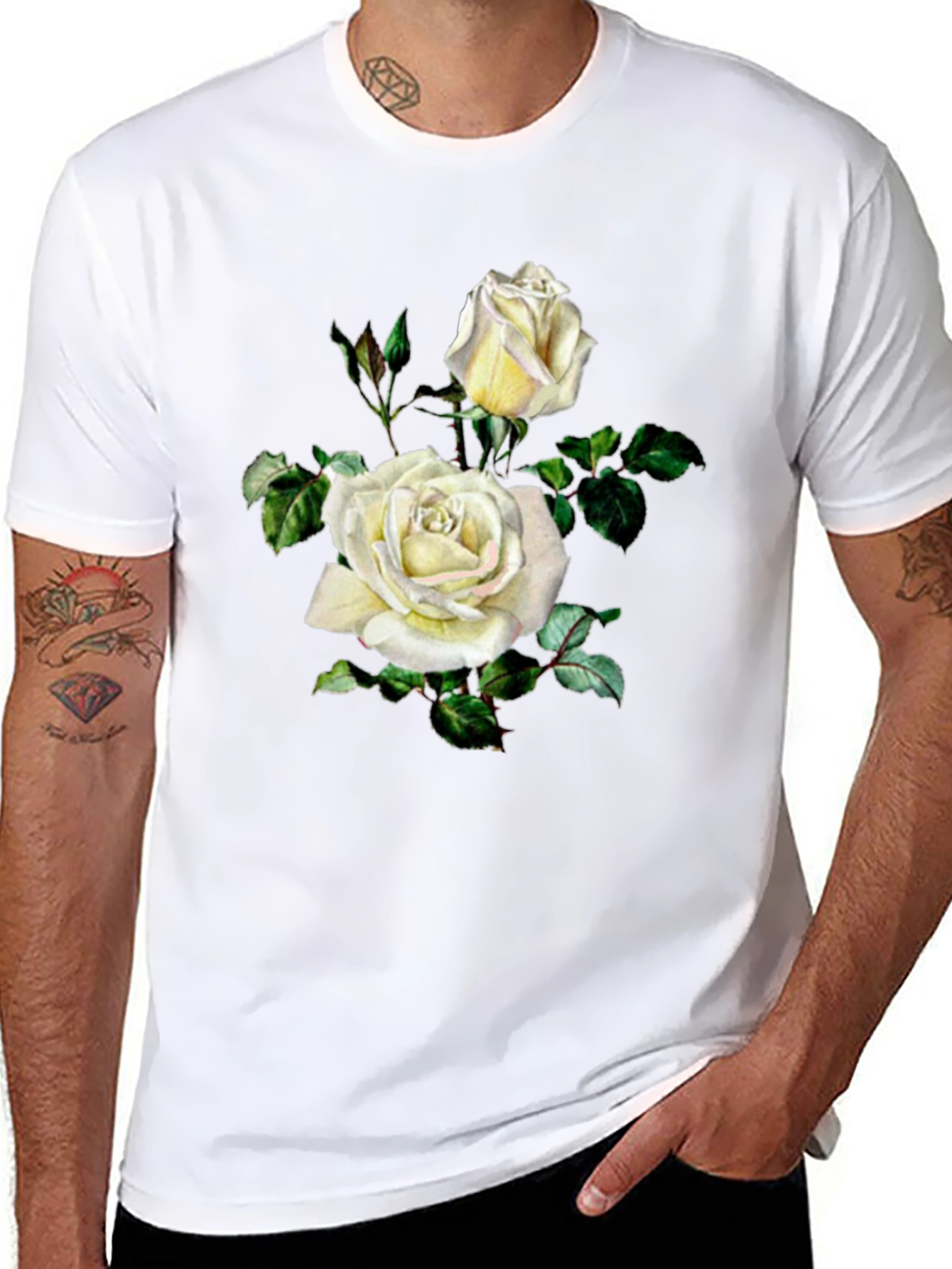 Elegant White Rose Graphic Black T-Shirt