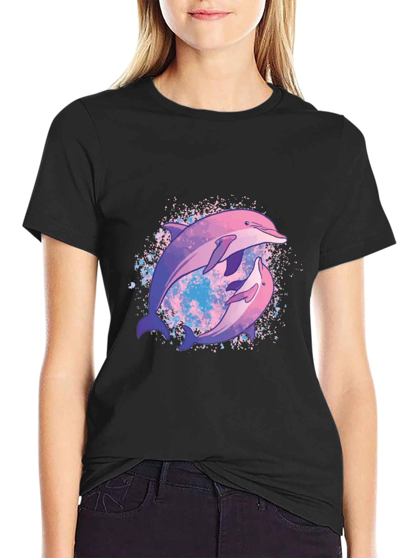Dolphin Duo Graphic Tee - Stylish Black T-Shirt