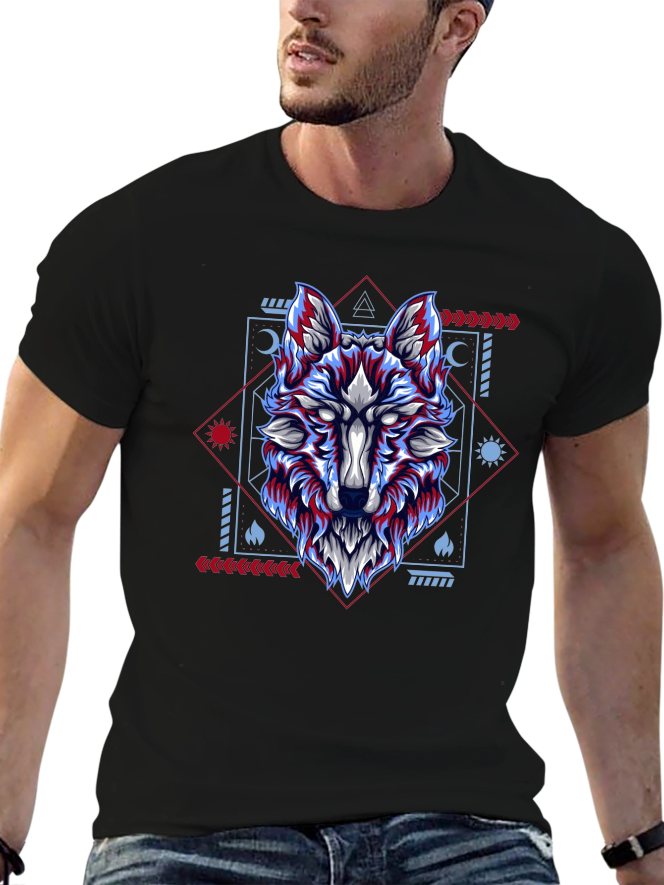 Geometric Wolf Graphic Tee - Black Cotton Blend Shirt
