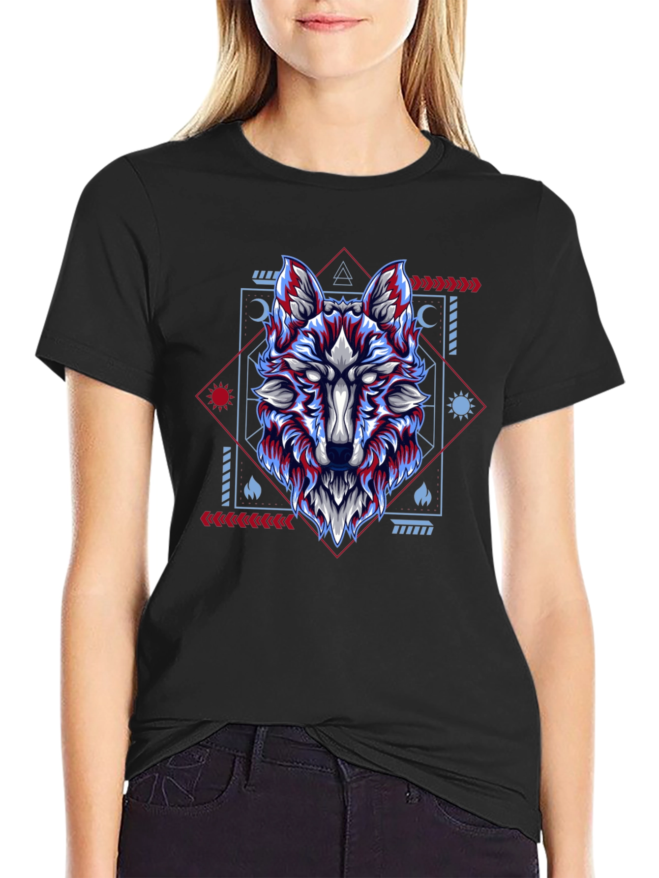 Geometric Wolf Graphic Tee - Black Cotton Blend Shirt