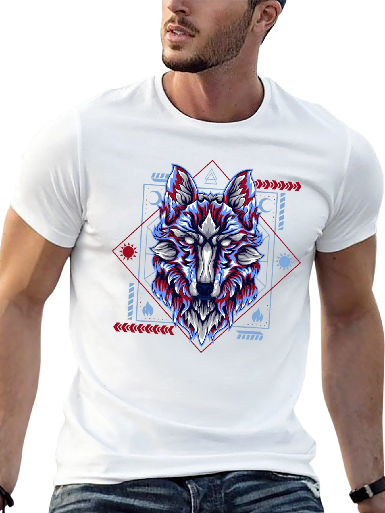Geometric Wolf Graphic Tee - Black Cotton Blend Shirt