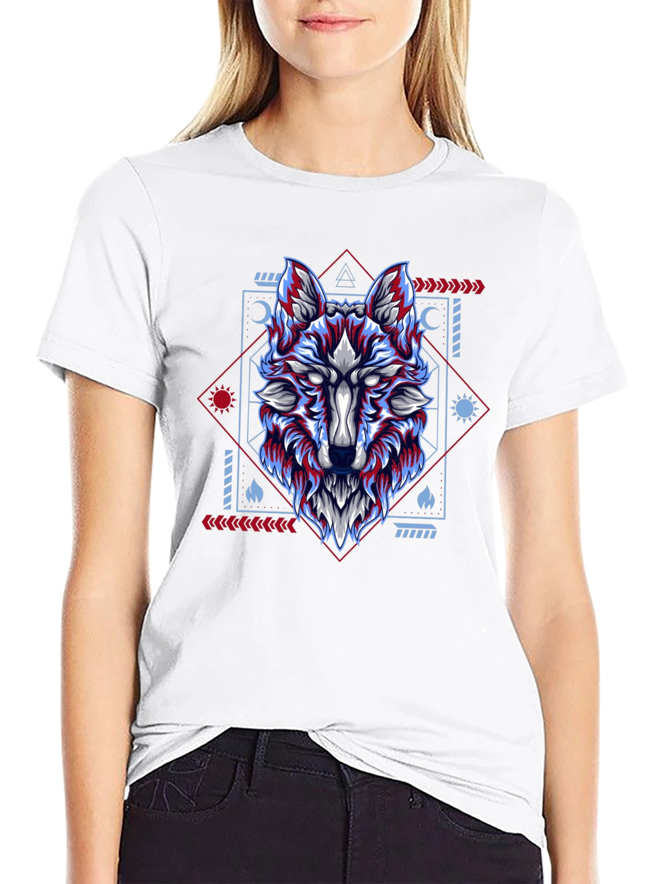 Geometric Wolf Graphic Tee - Black Cotton Blend Shirt
