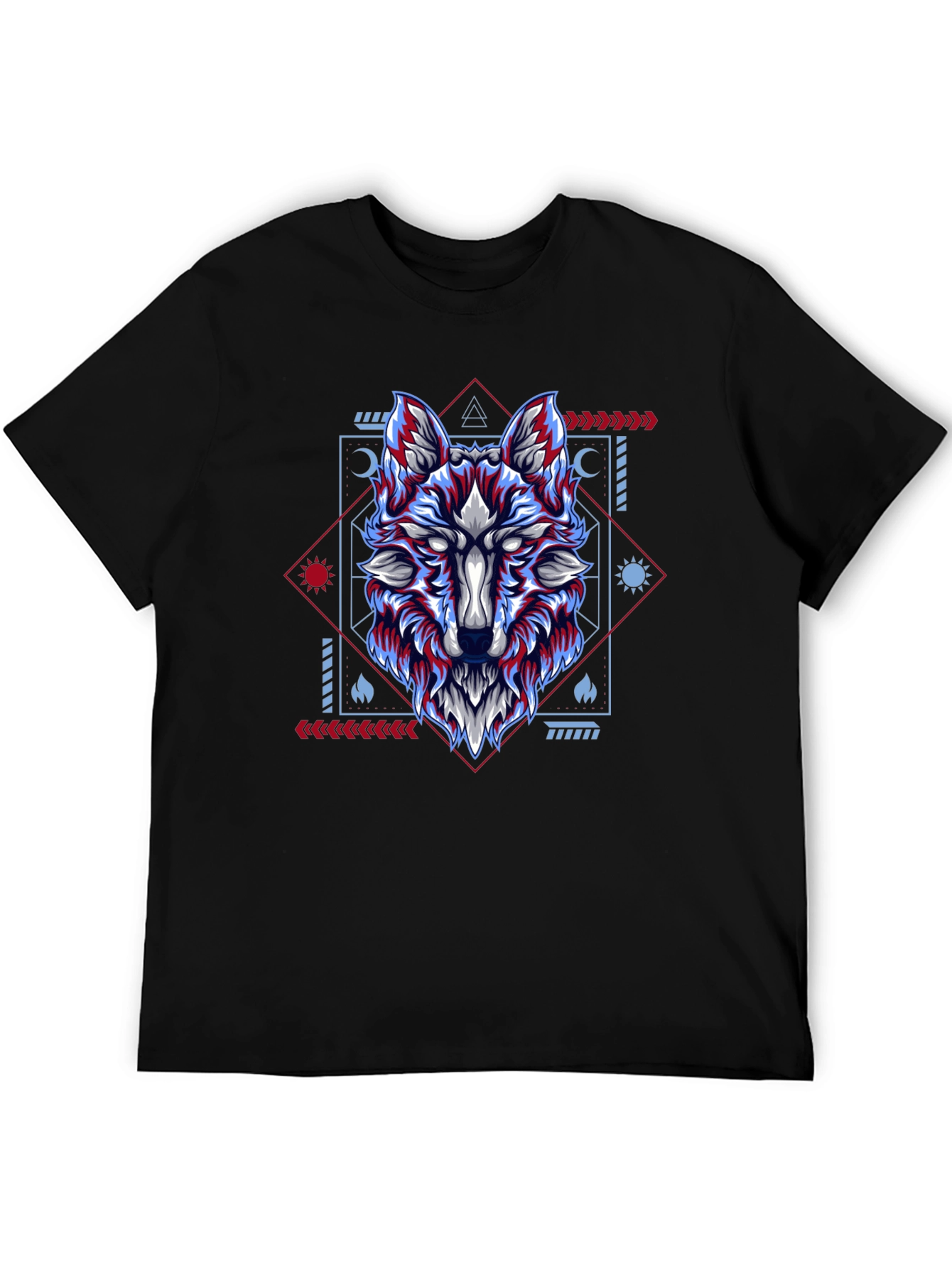 Geometric Wolf Graphic Tee - Black Cotton Blend Shirt