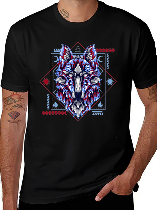 Geometric Wolf Graphic Tee - Black Cotton Blend Shirt
