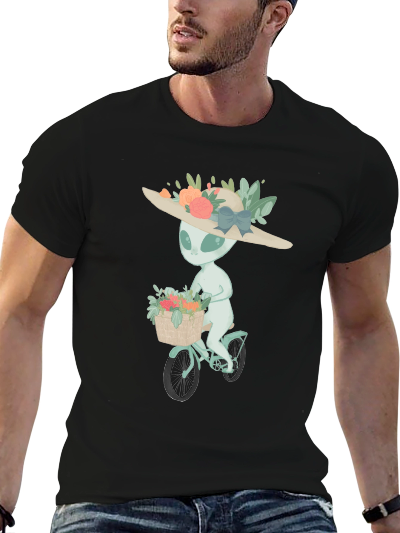 Alien on Bike Graphic Tee - Unisex Black T-Shirt