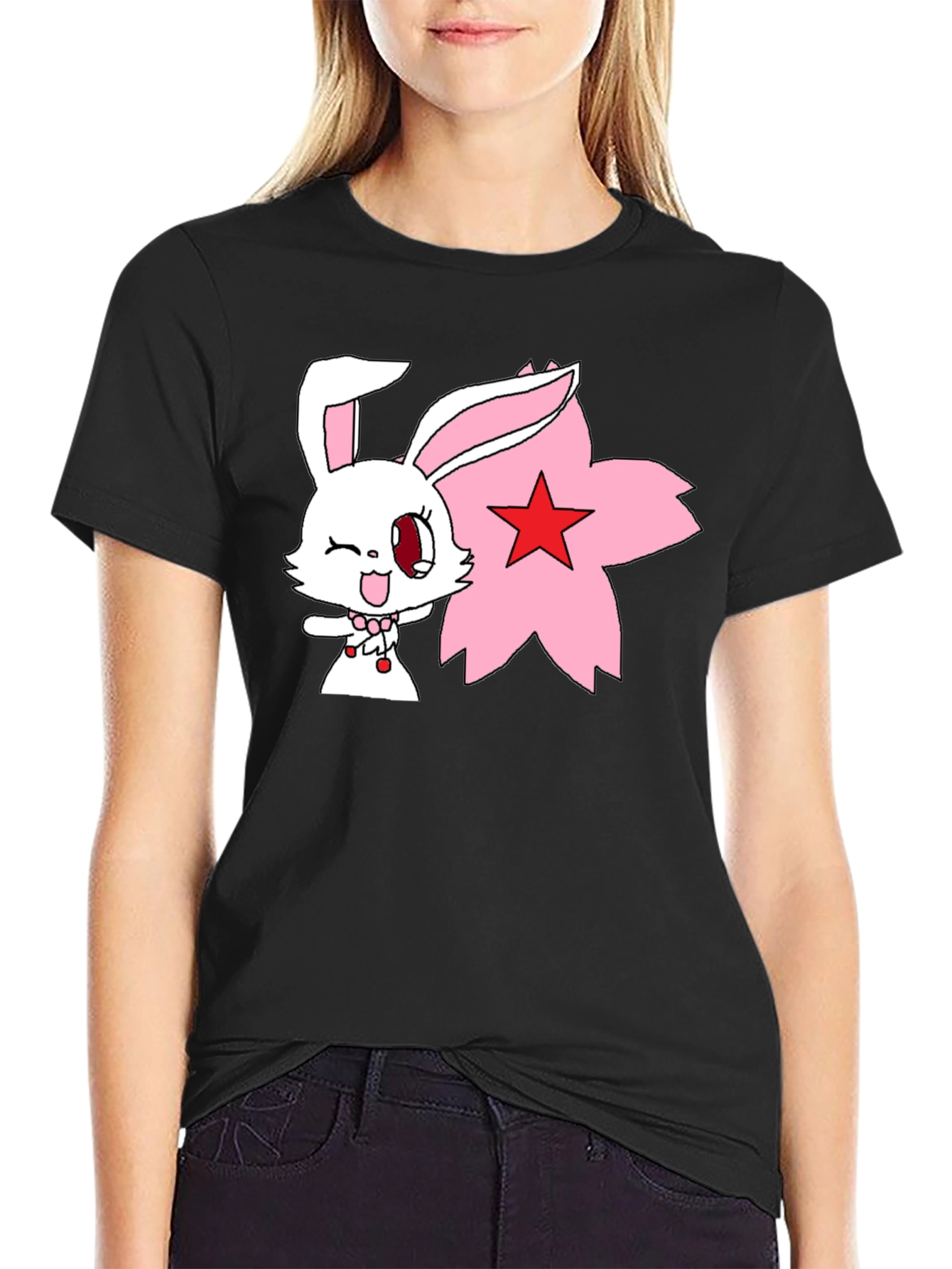Anime Bunny Graphic Tee - Black Cotton Shirt