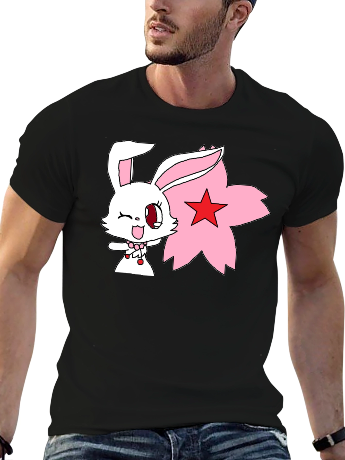 Anime Bunny Graphic Tee - Black Cotton Shirt