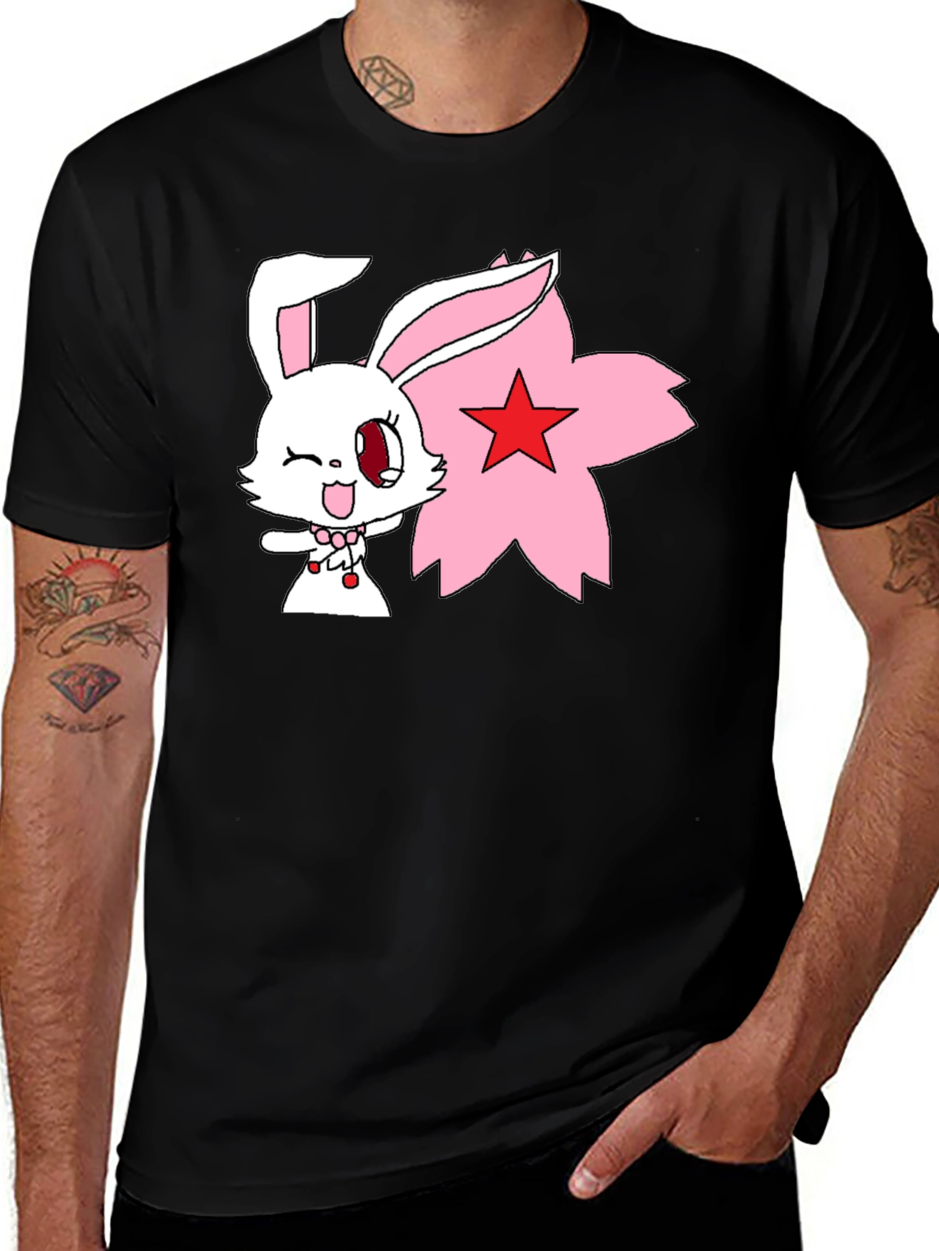 Anime Bunny Graphic Tee - Black Cotton Shirt