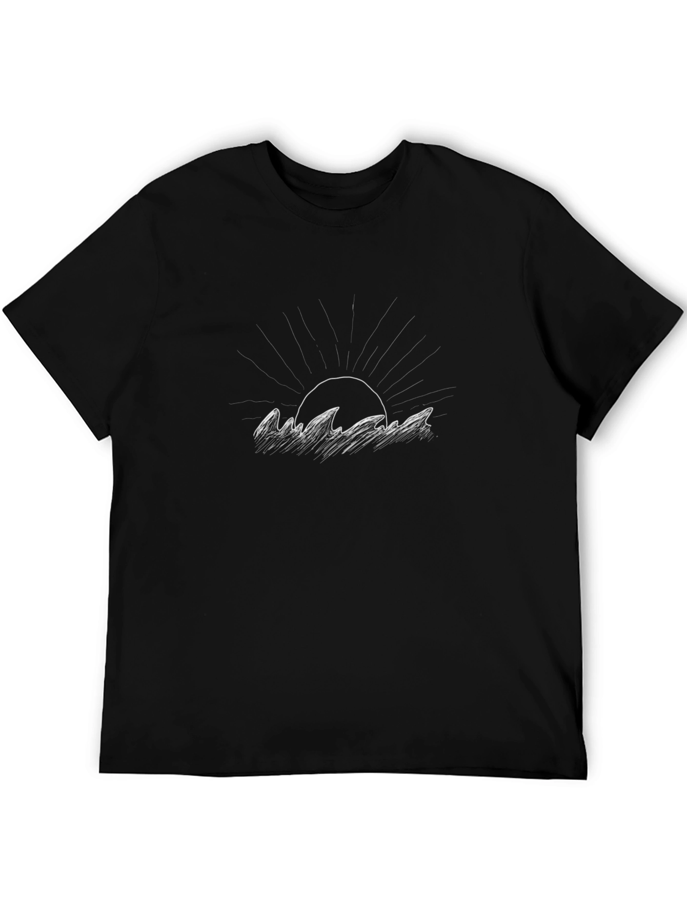 Black T-Shirt with Graphic Wave and Sun Design