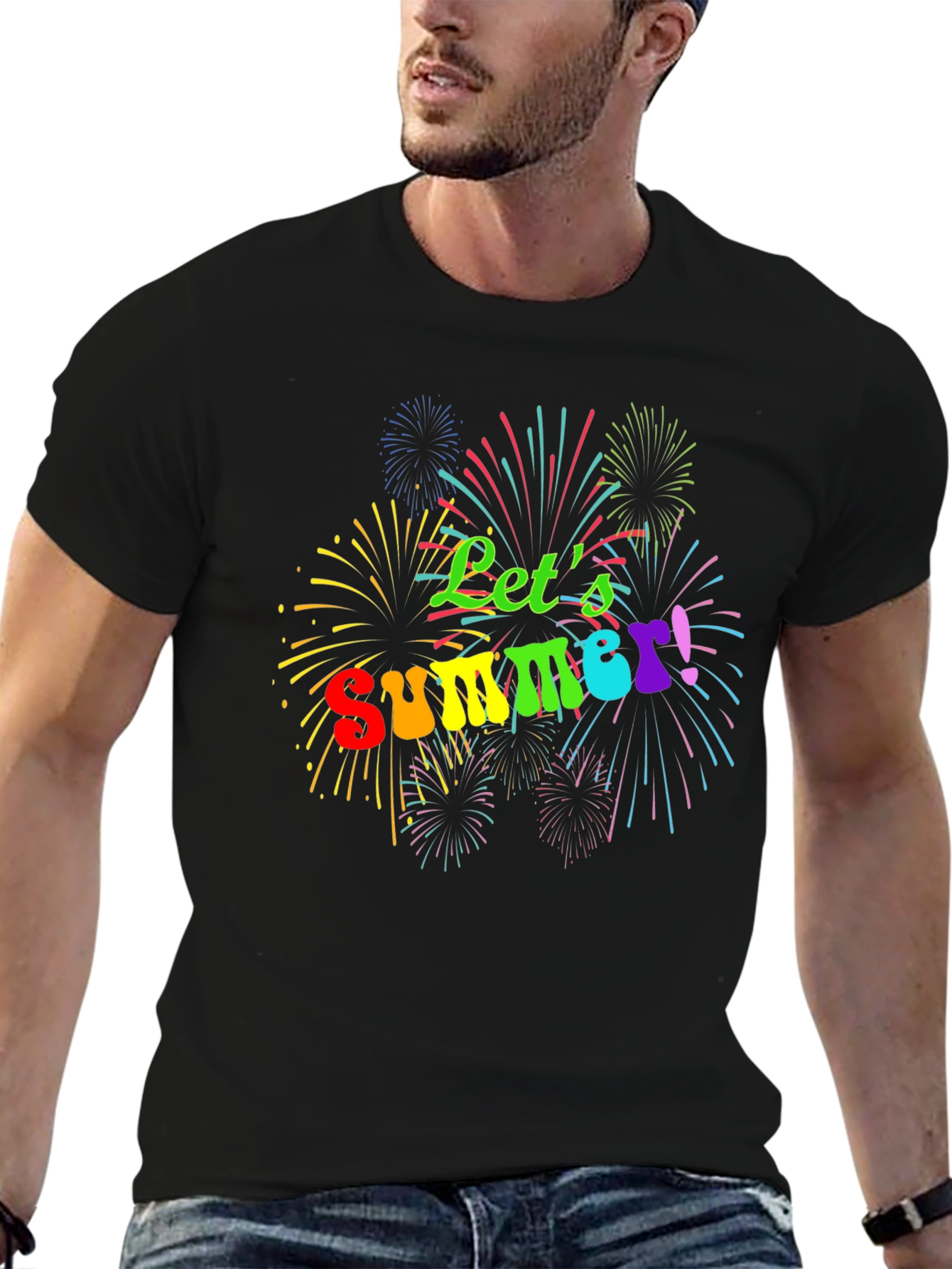 Lets Summer! Black Tee with Fireworks Design