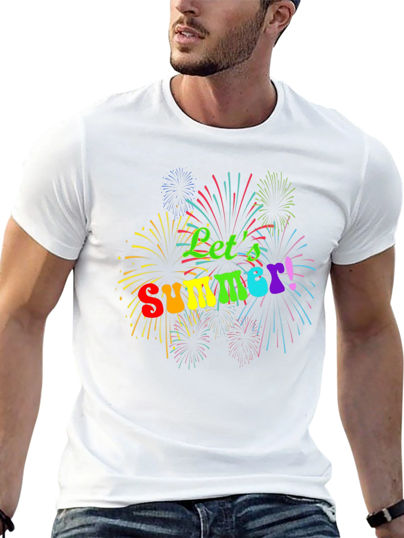Lets Summer! Black Tee with Fireworks Design