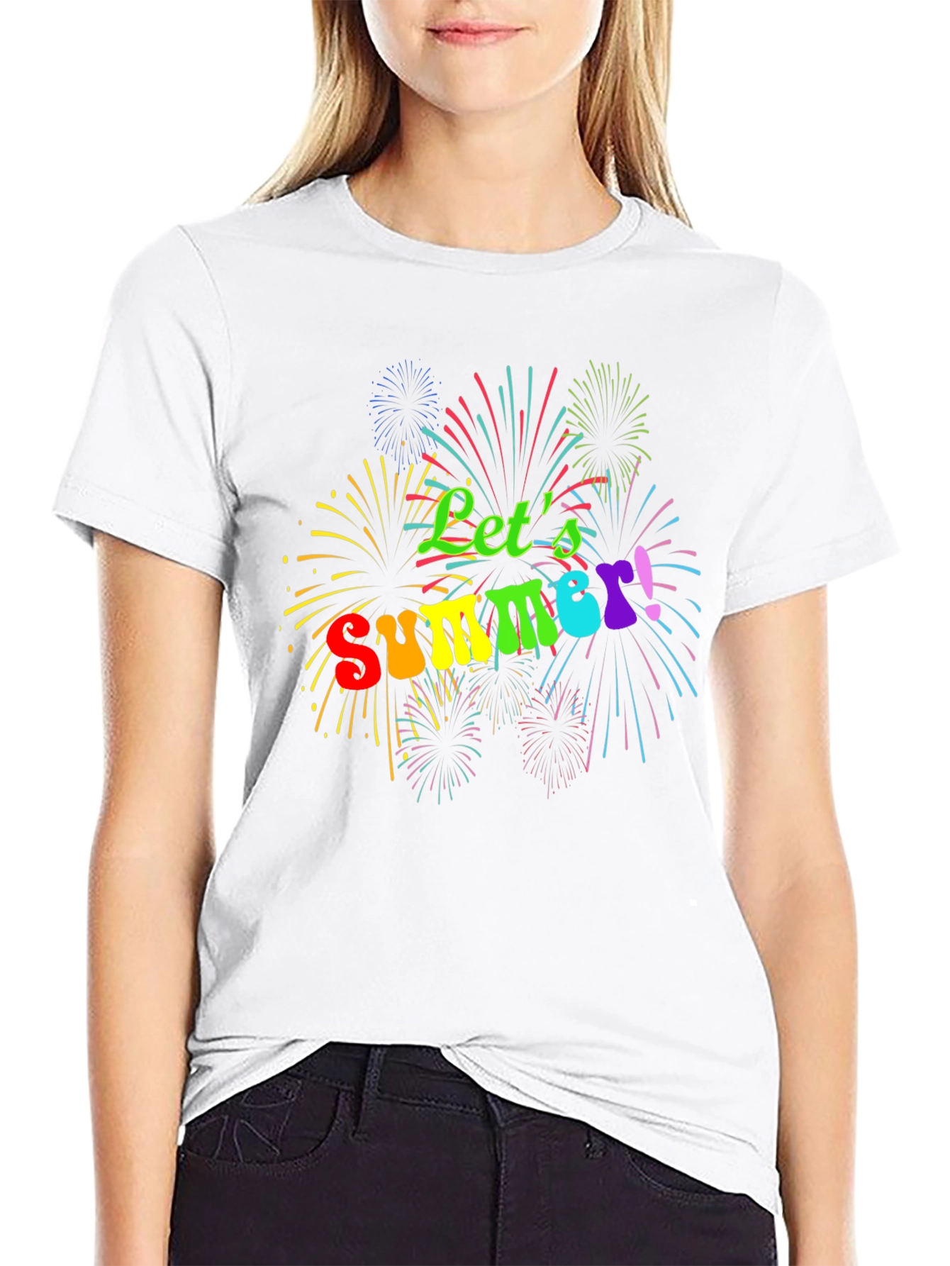Lets Summer! Black Tee with Fireworks Design