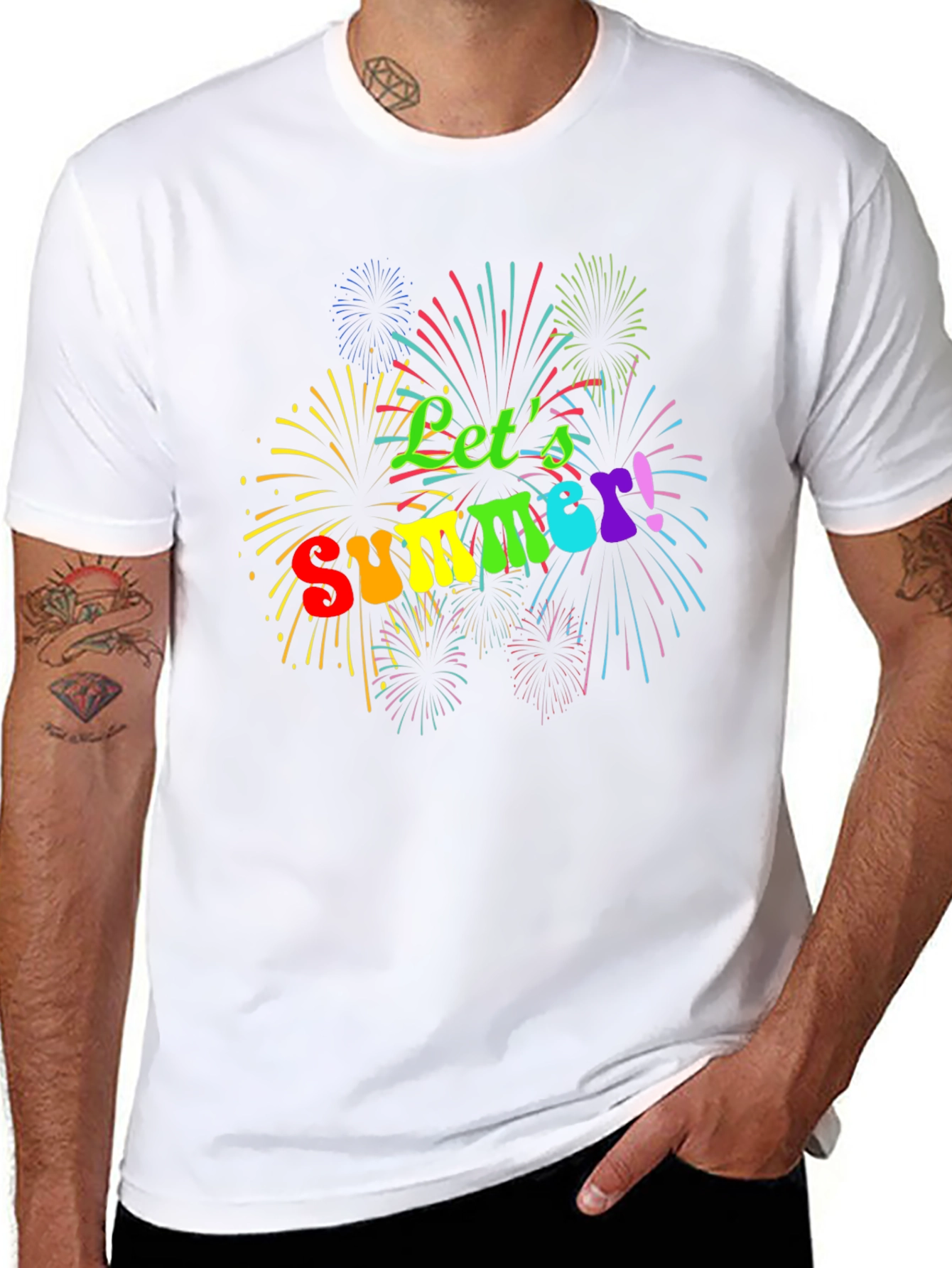 Lets Summer! Black Tee with Fireworks Design