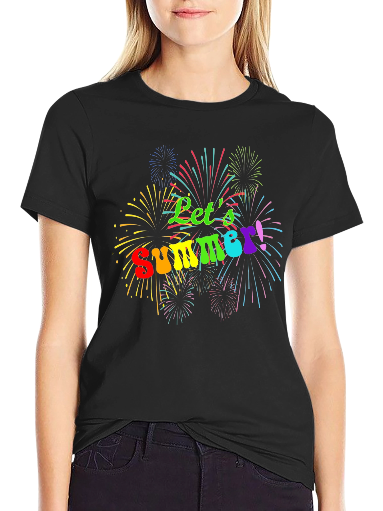 Lets Summer! Black Tee with Fireworks Design