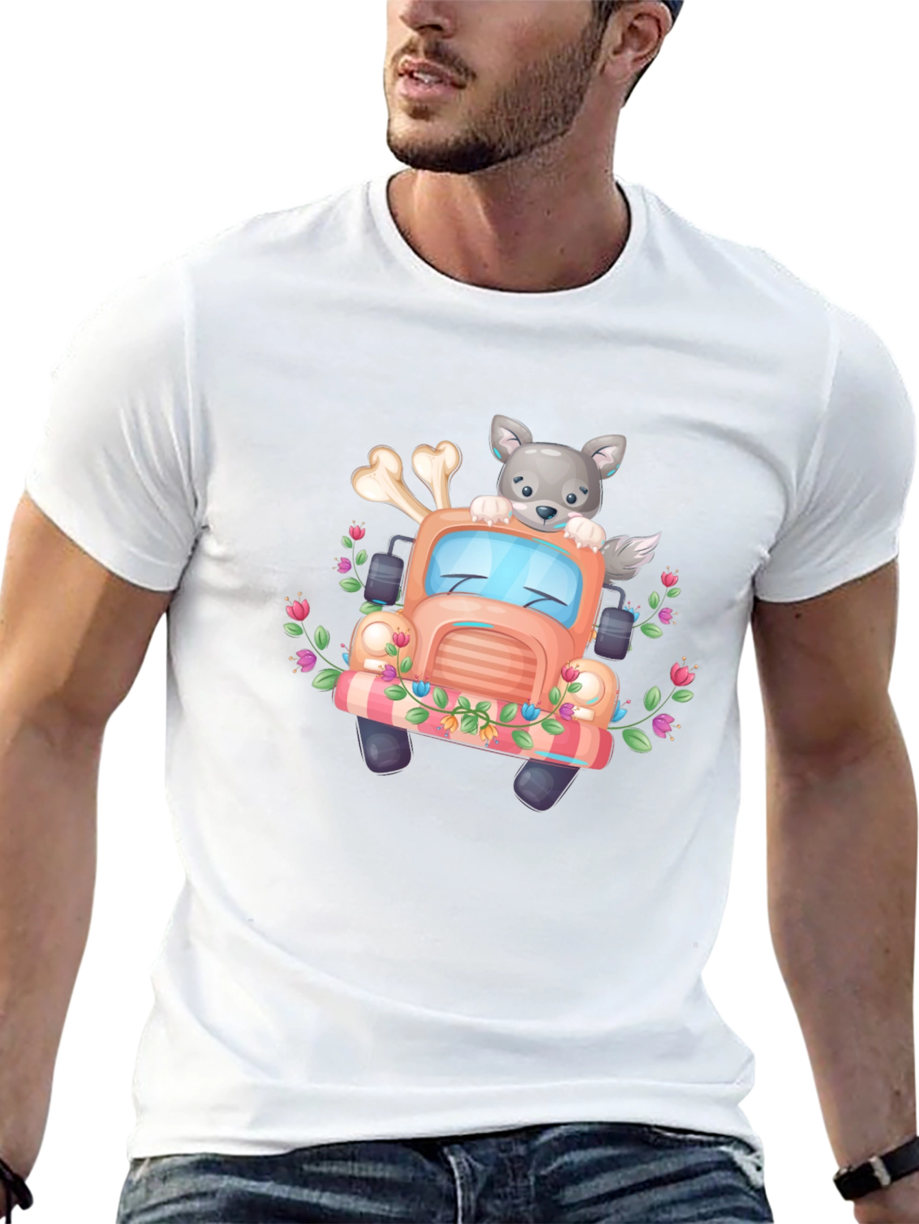 Cute Wolf Truck Graphic Tee - Black T-Shirt