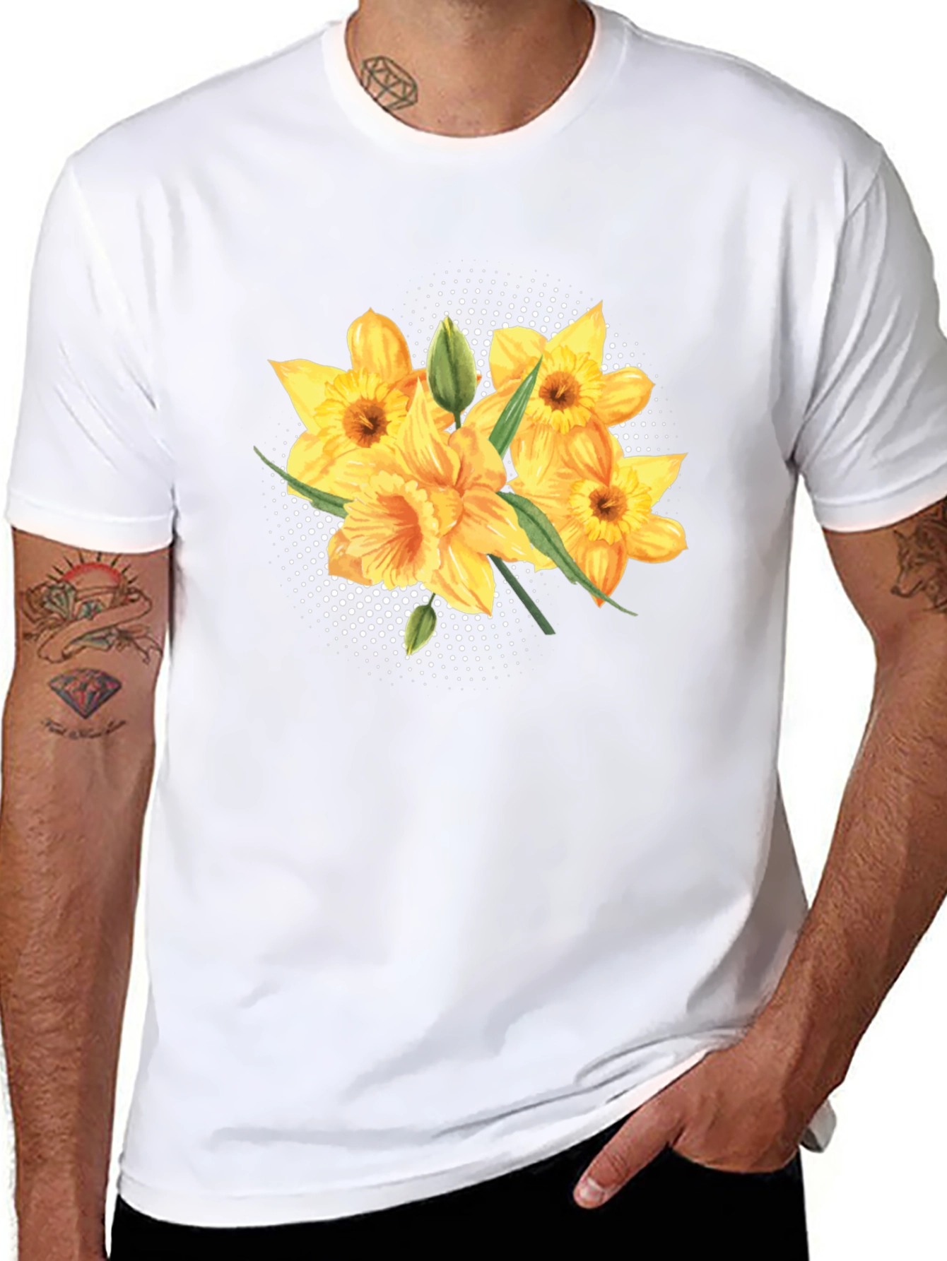 Floral Daffodil Print Black T-Shirt