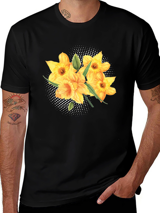 Floral Daffodil Print Black T-Shirt