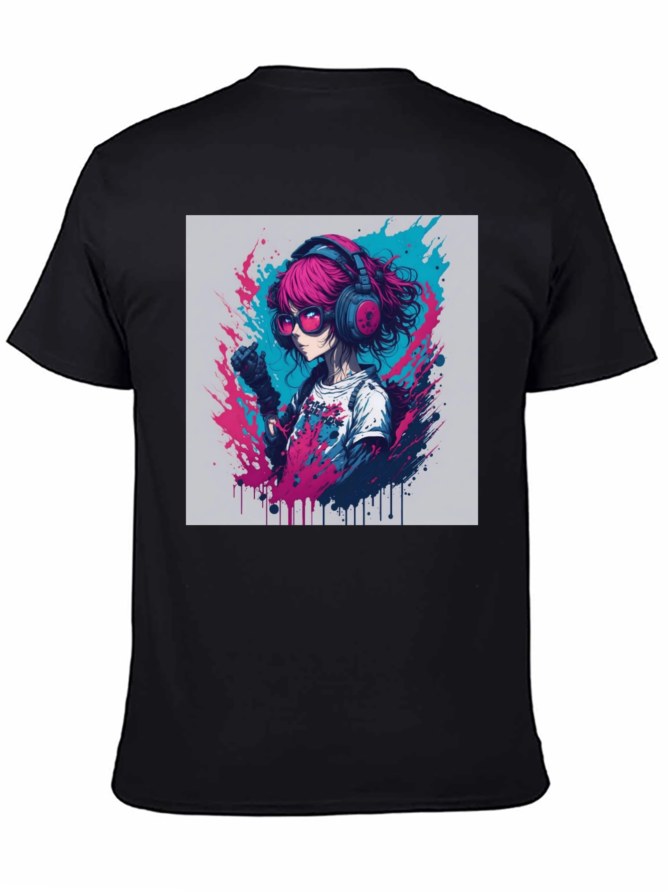 Anime Girl Graphic Tee - Pink Hair Headphones