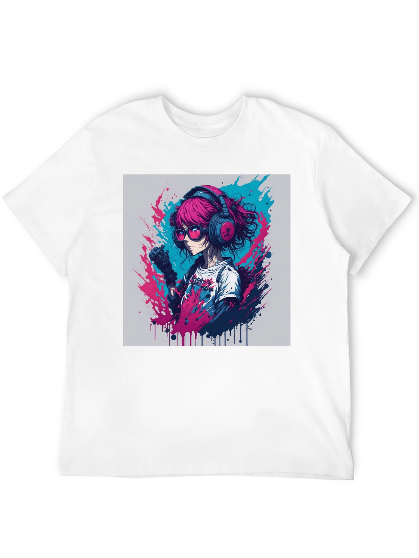 Anime Girl Graphic Tee - Pink Hair Headphones