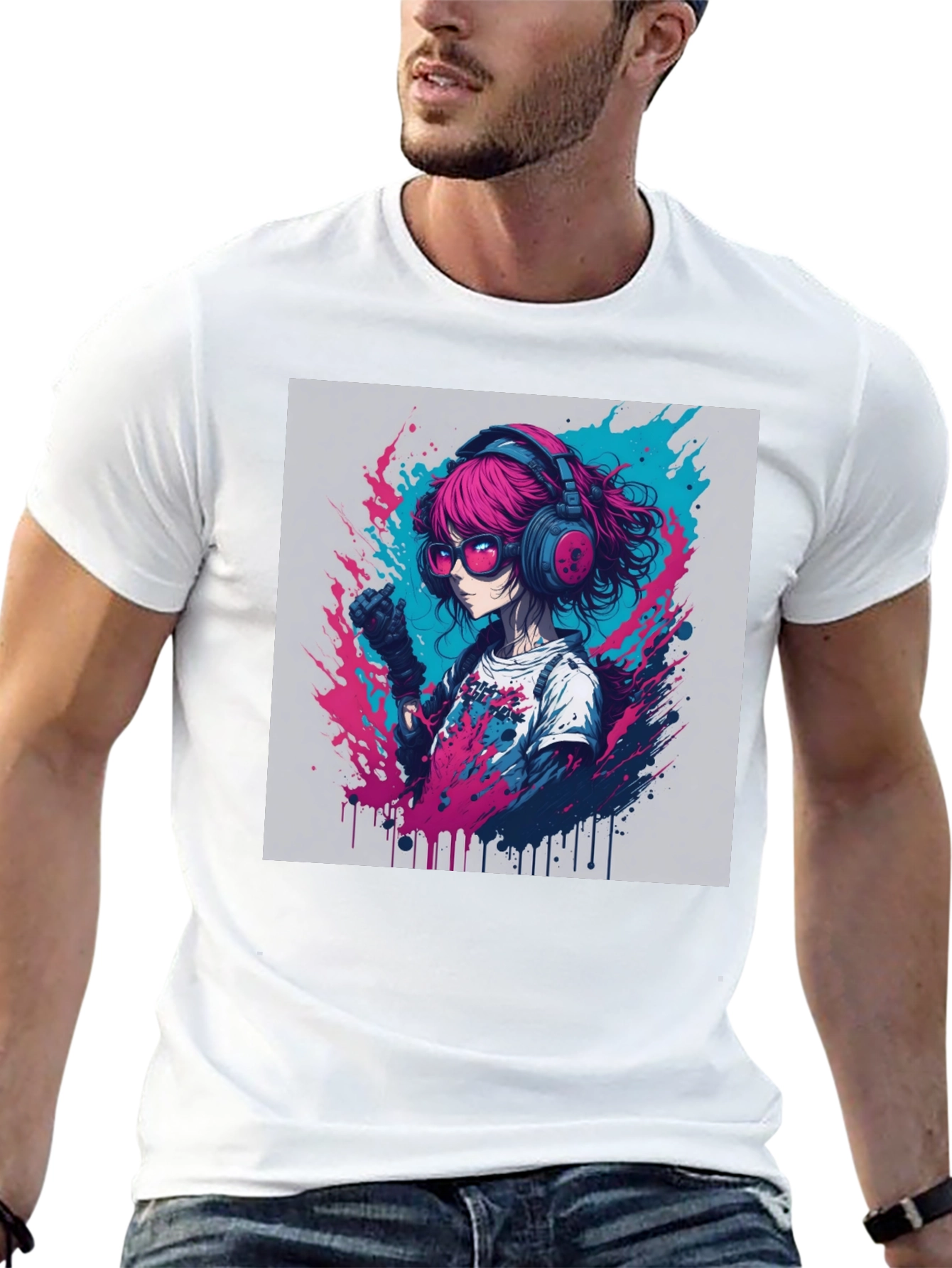 Anime Girl Graphic Tee - Pink Hair Headphones
