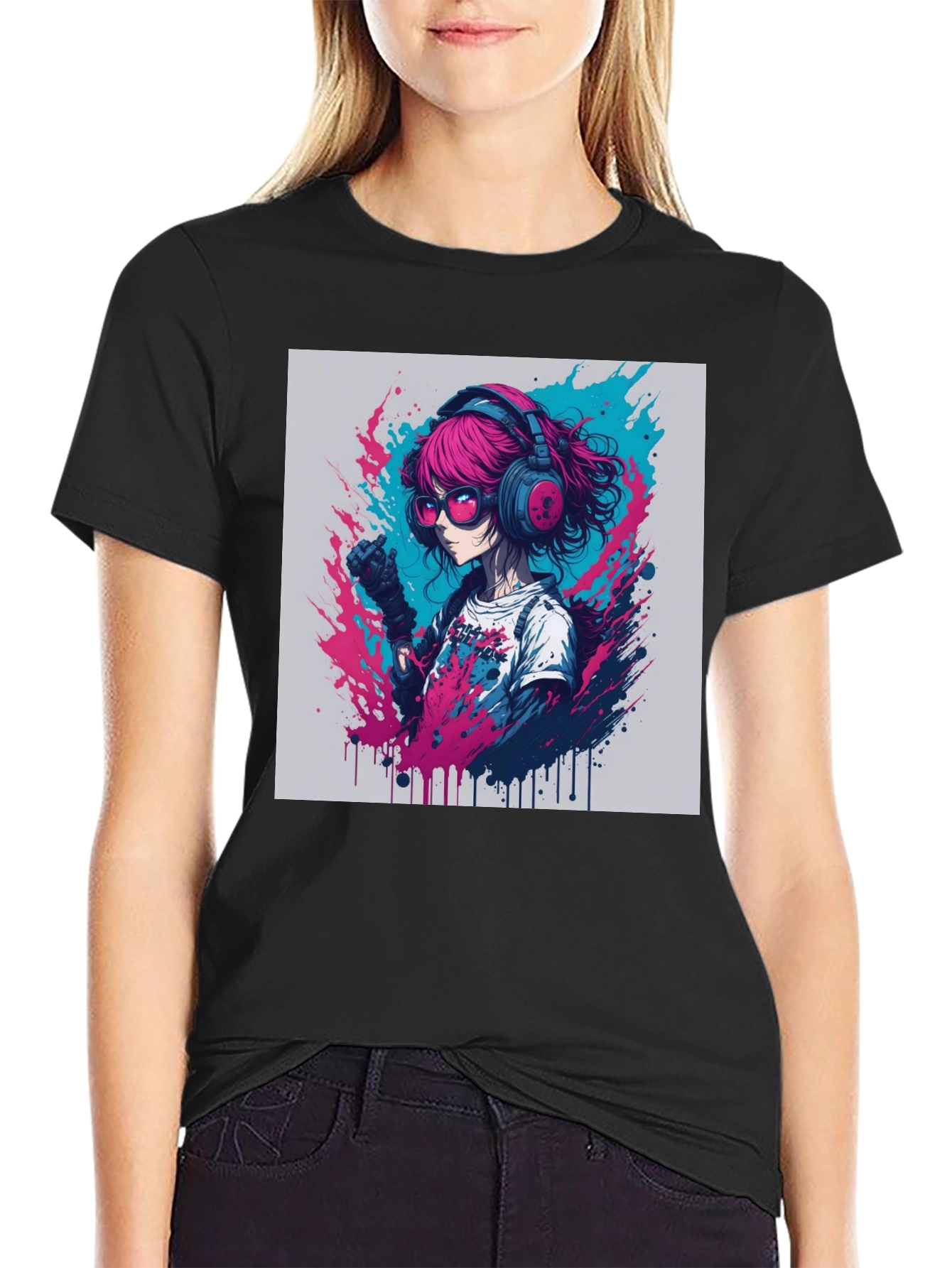 Anime Girl Graphic Tee - Pink Hair Headphones
