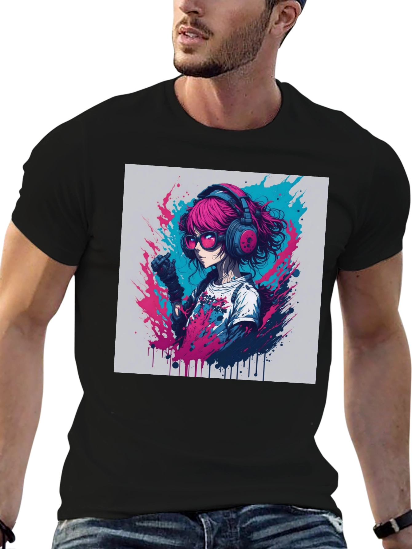 Anime Girl Graphic Tee - Pink Hair Headphones