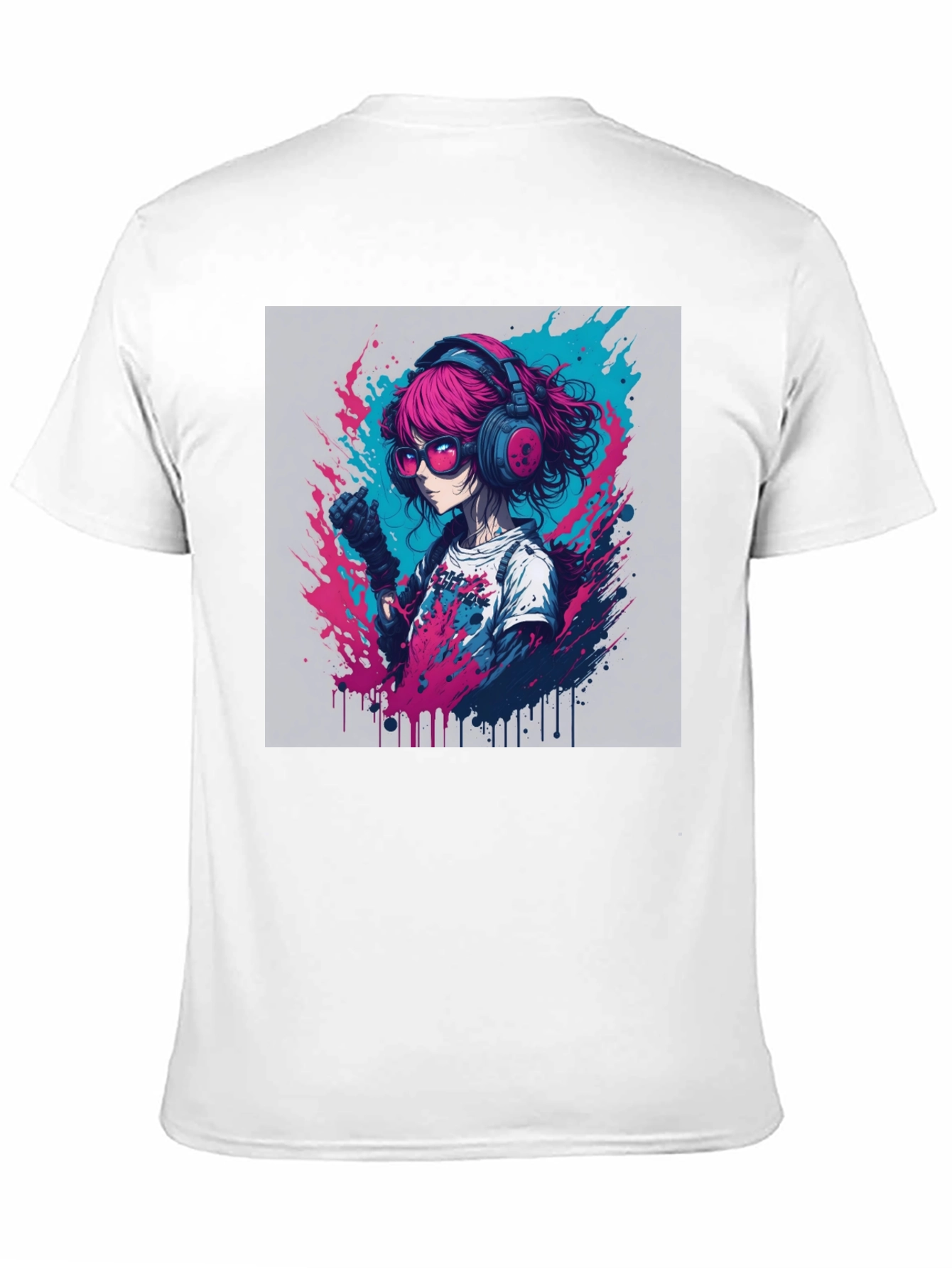 Anime Girl Graphic Tee - Pink Hair Headphones