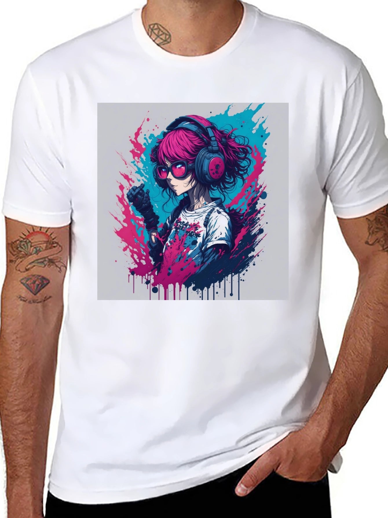 Anime Girl Graphic Tee - Pink Hair Headphones