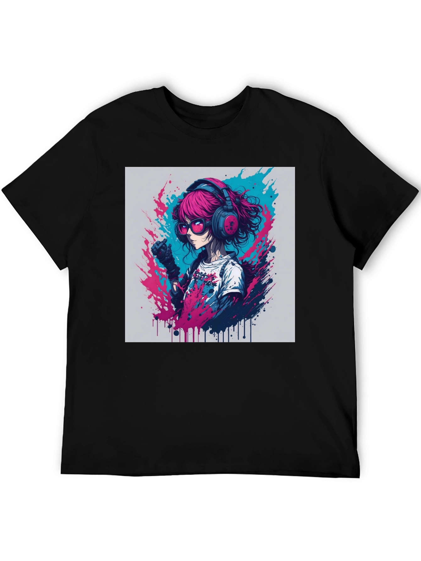 Anime Girl Graphic Tee - Pink Hair Headphones
