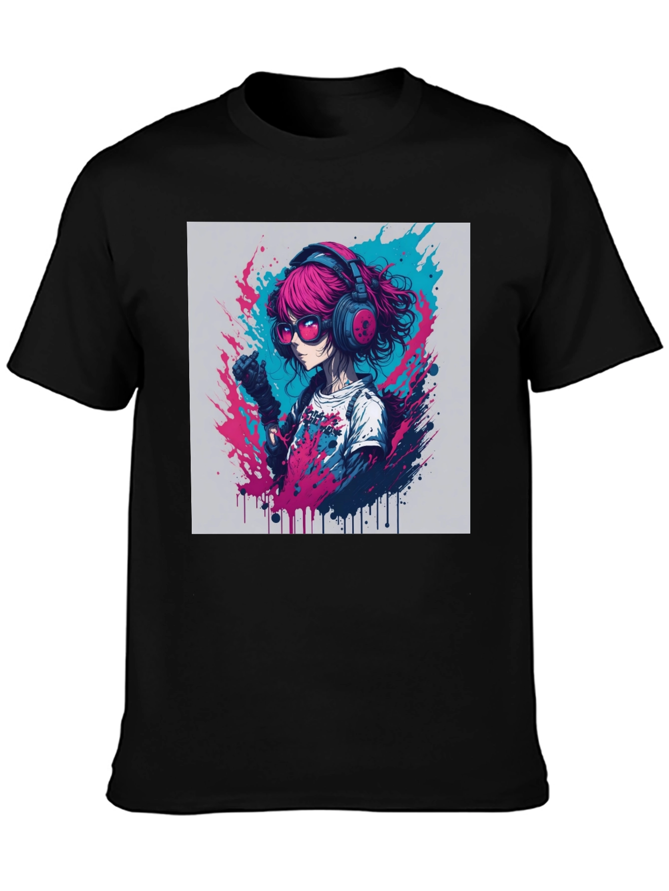Anime Girl Graphic Tee - Pink Hair Headphones