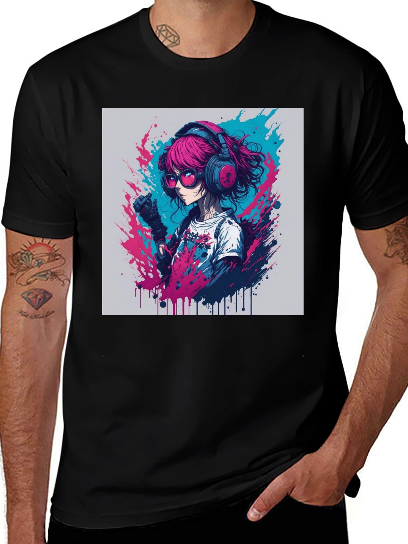 Anime Girl Graphic Tee - Pink Hair Headphones