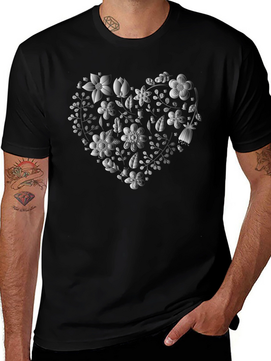 Floral Heart Graphic Tee - Mens Black Crew Neck T-Shirt