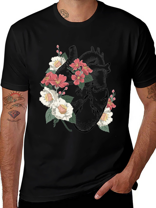 Floral Heart Graphic T-Shirt - Black