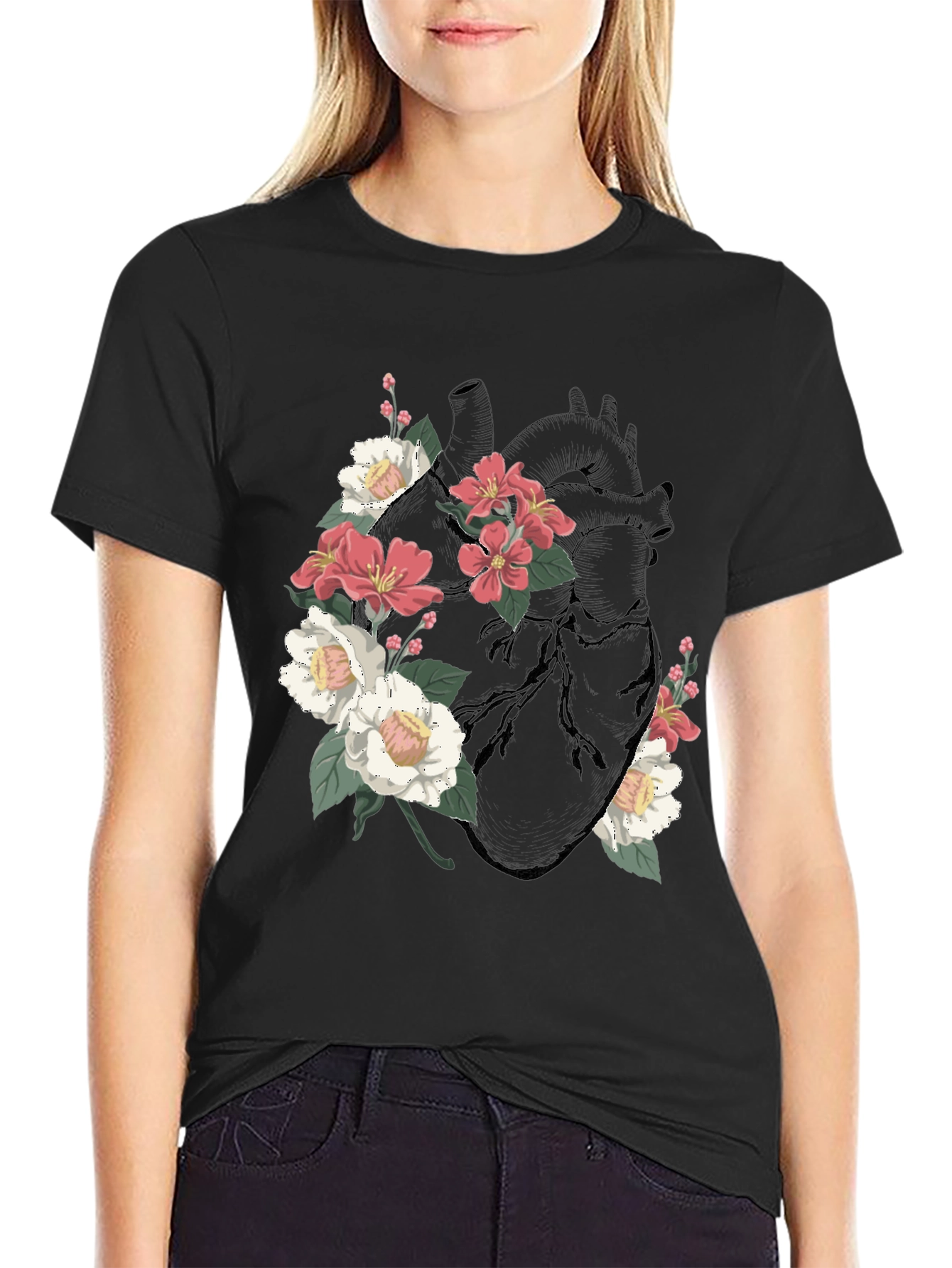 Floral Heart Graphic T-Shirt - Black