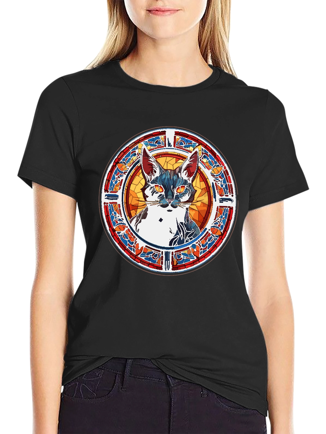 Stained Glass Cat Graphic Tee - Unique Artistic Design