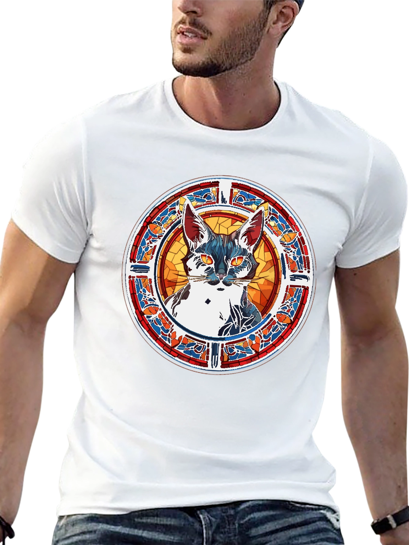 Stained Glass Cat Graphic Tee - Unique Artistic Design