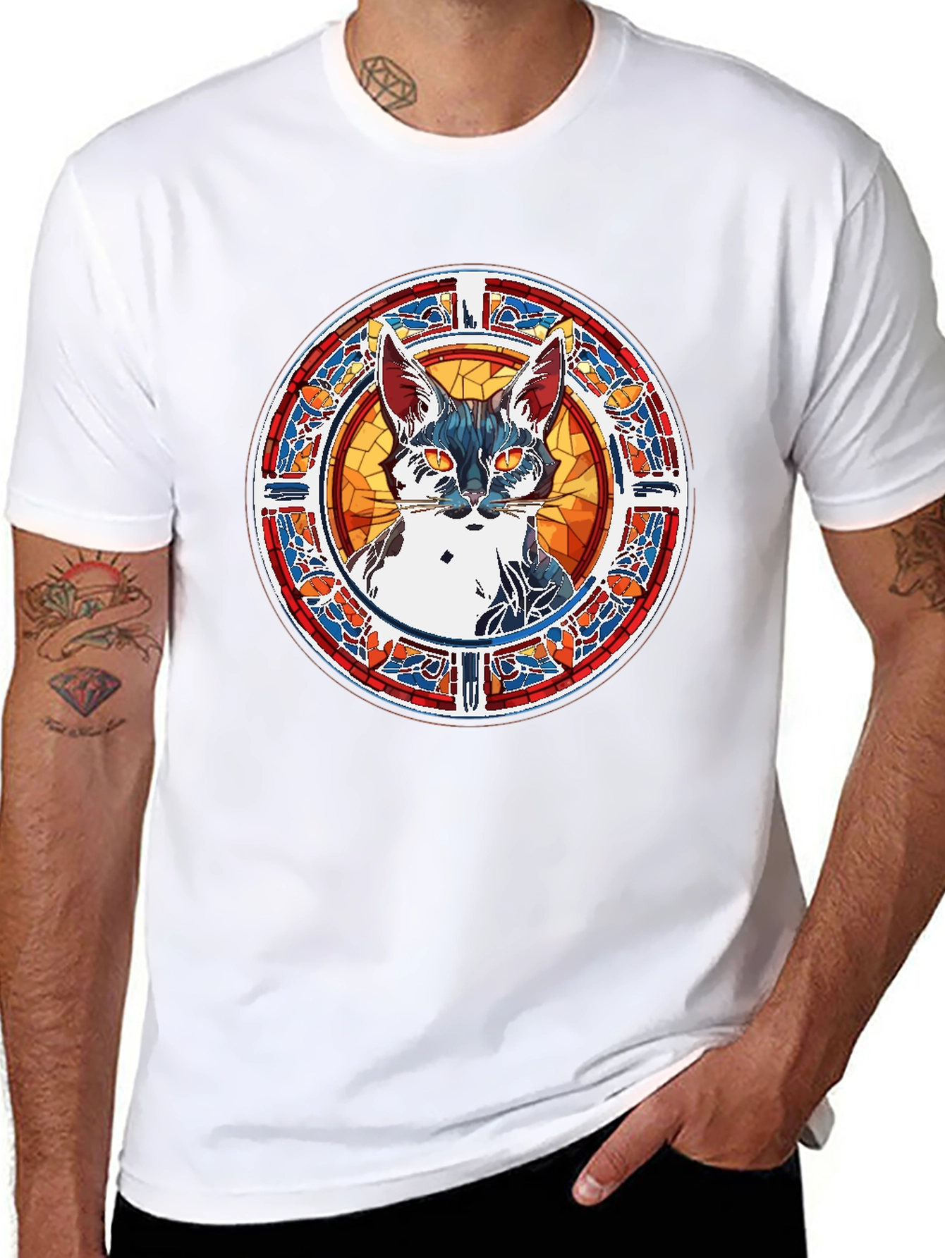 Stained Glass Cat Graphic Tee - Unique Artistic Design