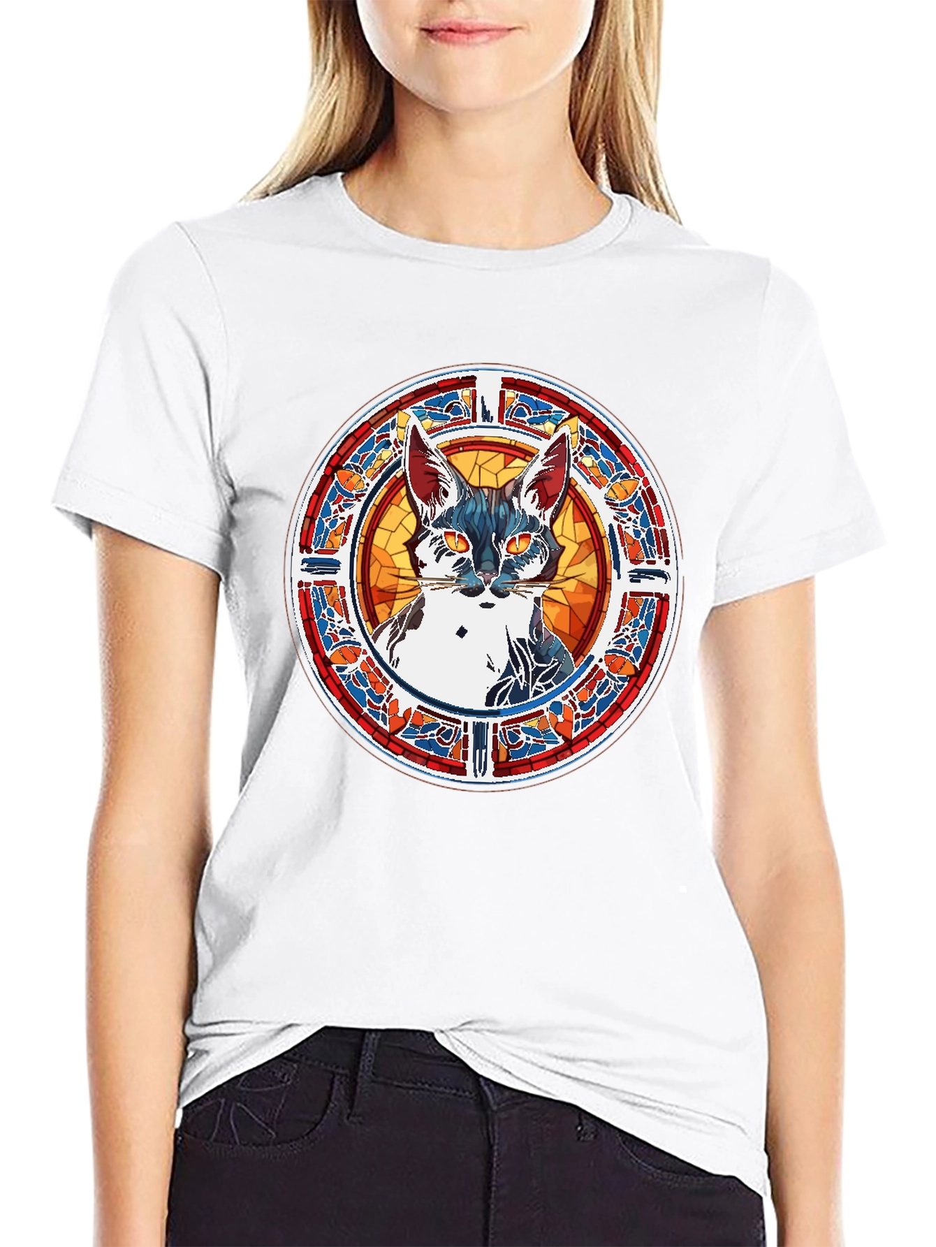Stained Glass Cat Graphic Tee - Unique Artistic Design