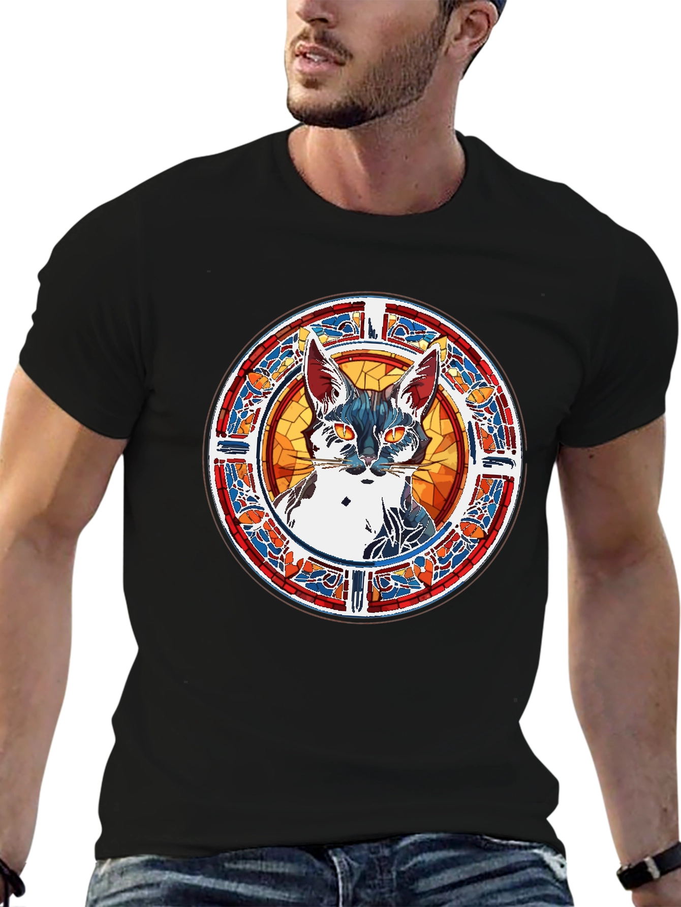 Stained Glass Cat Graphic Tee - Unique Artistic Design