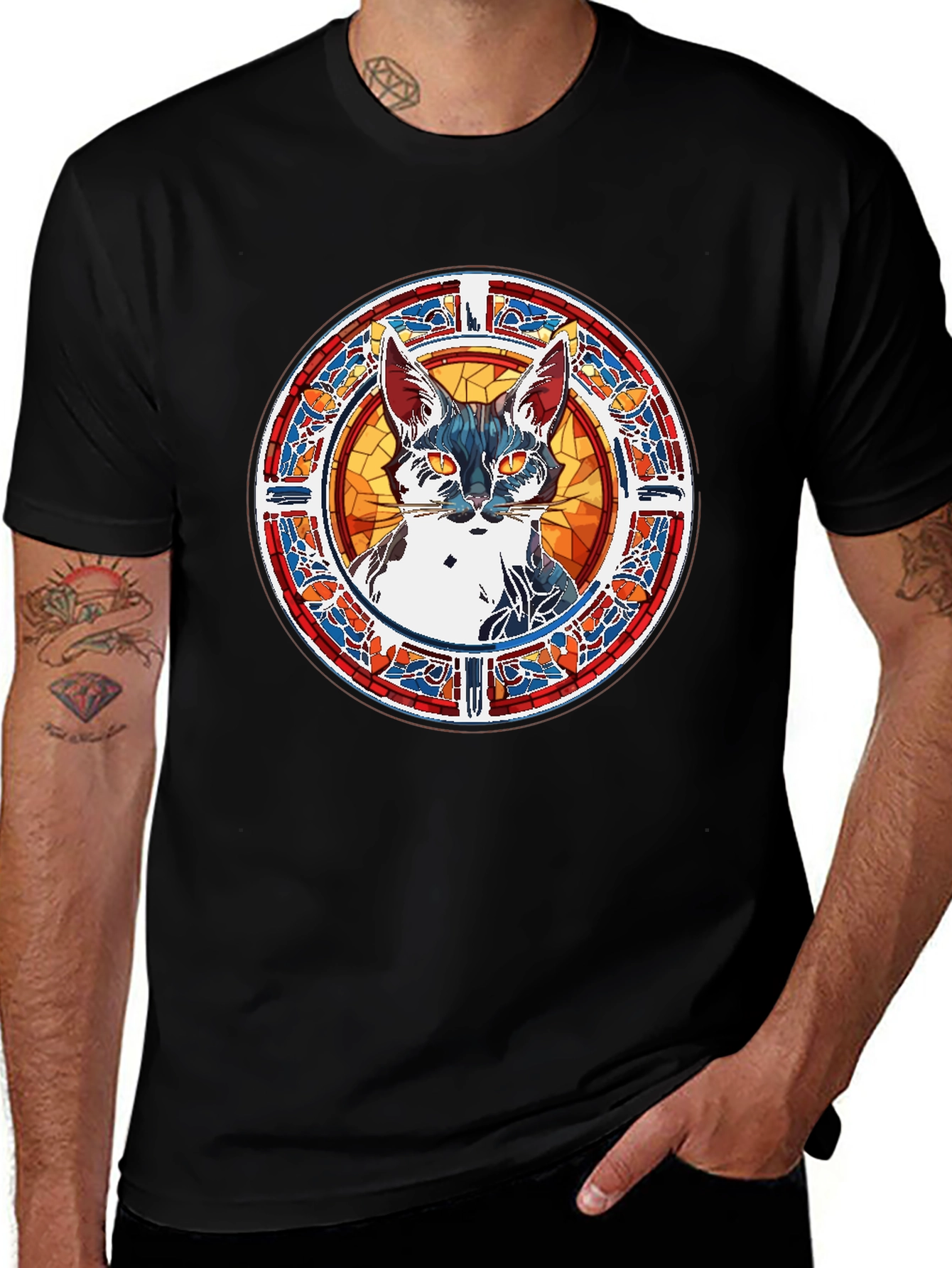 Stained Glass Cat Graphic Tee - Unique Artistic Design
