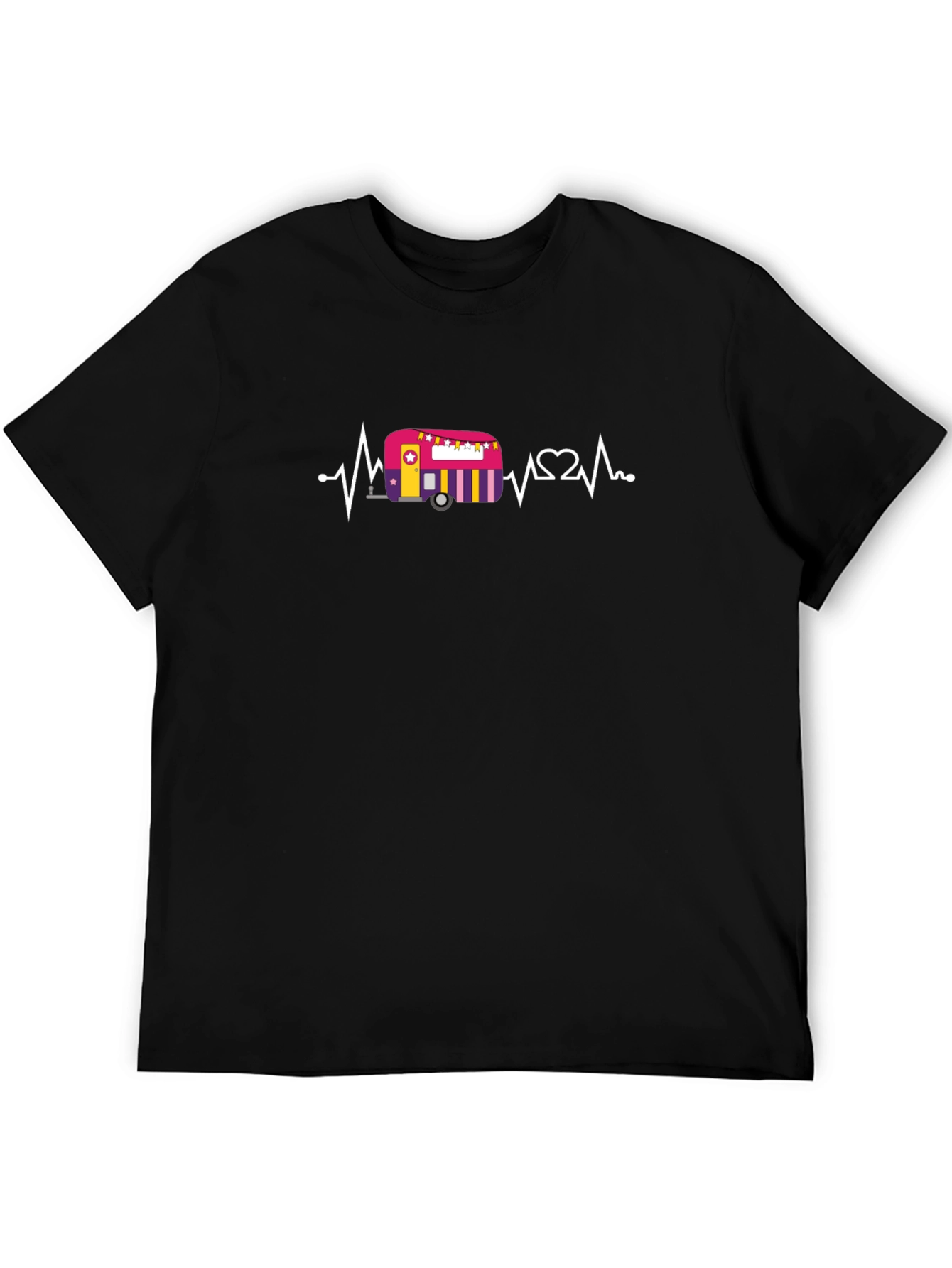 Camper Heartbeat Black T-Shirt - Road Trip Adventure