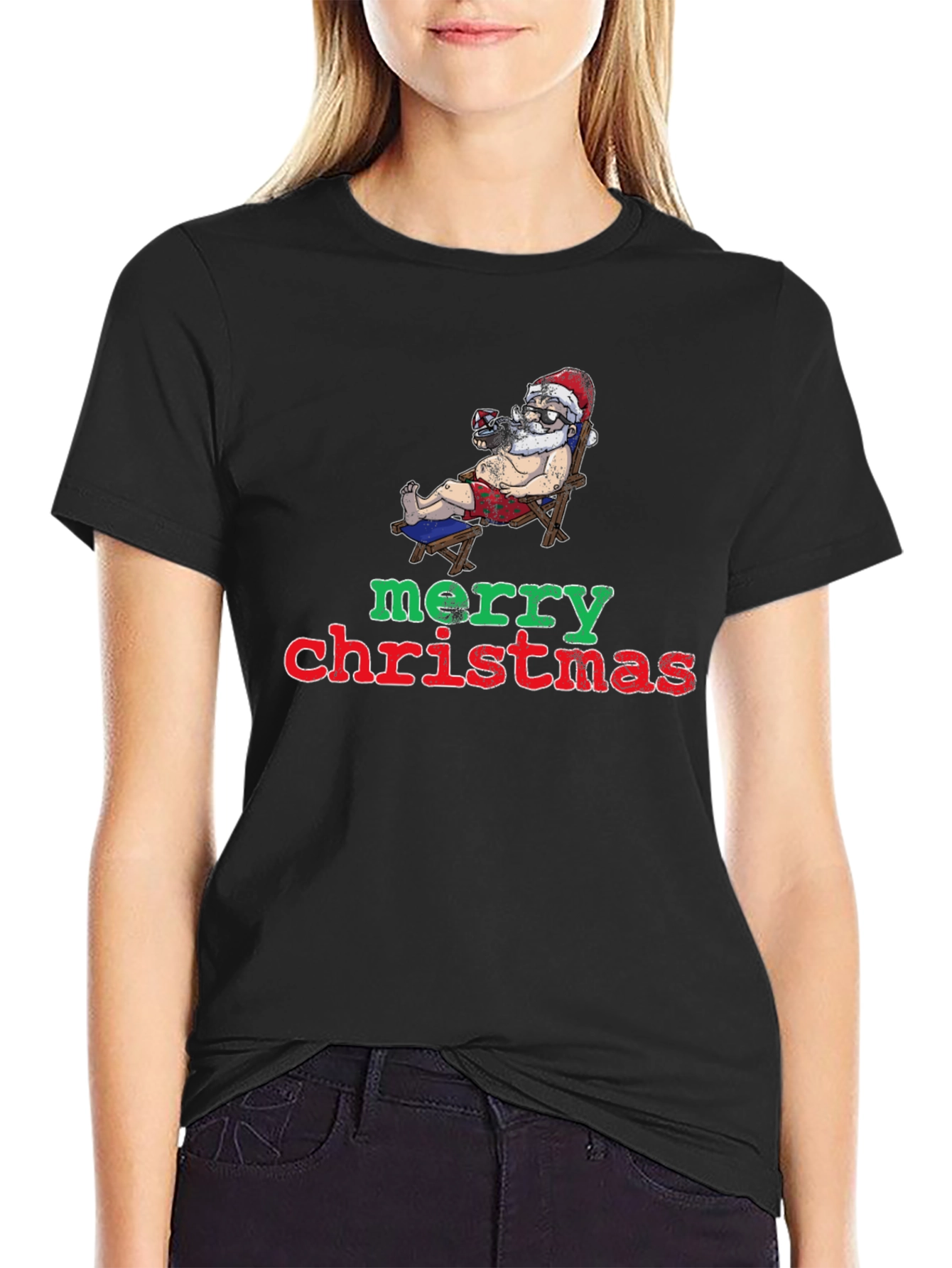 Relaxed Santa Merry Christmas Black T-Shirt
